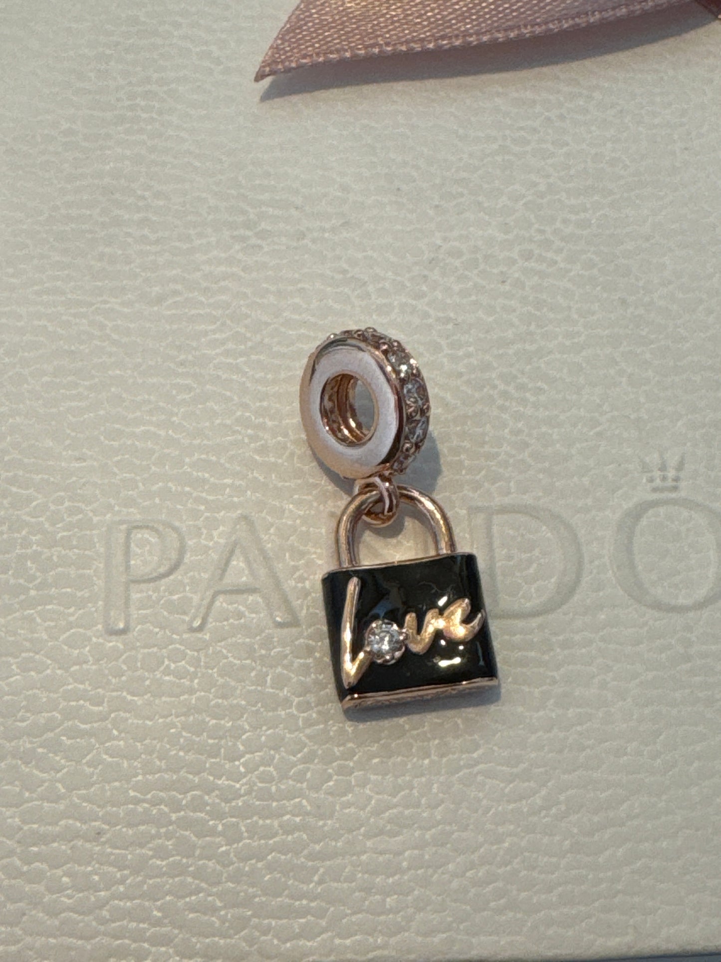 Genuine Pandora Rose Gold Lock Black Enamel and Heart Dangle Charm
