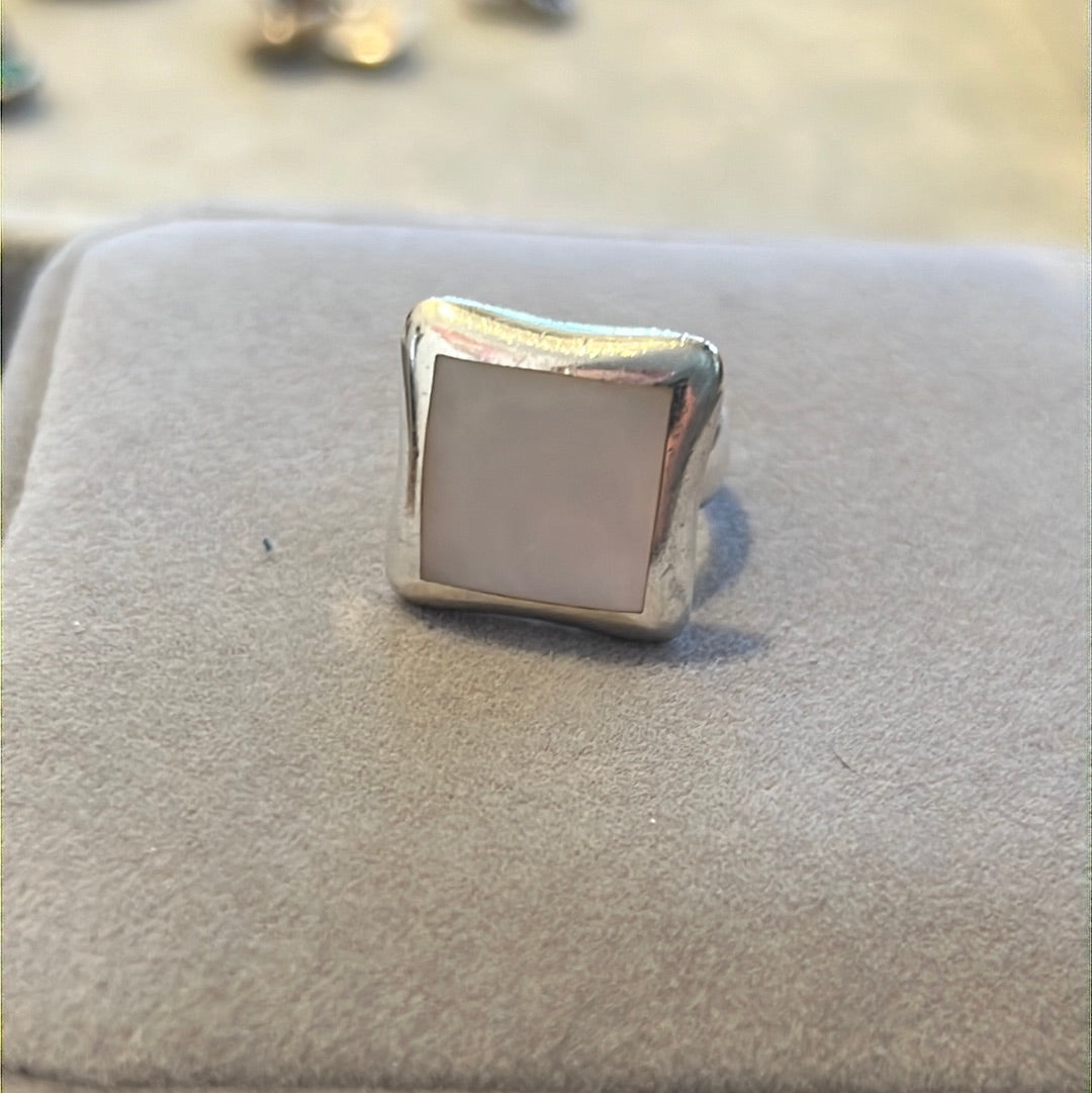 Sterling Silver Mother of Pearl Large Square CZ Cross Ring 52