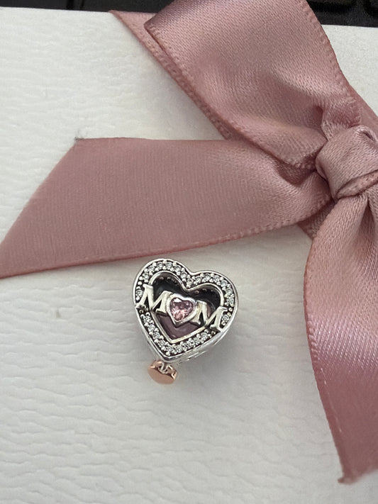 Genuine Pandora Mum Pink CZ Pave Heart With Rose Gold Dangle Charm