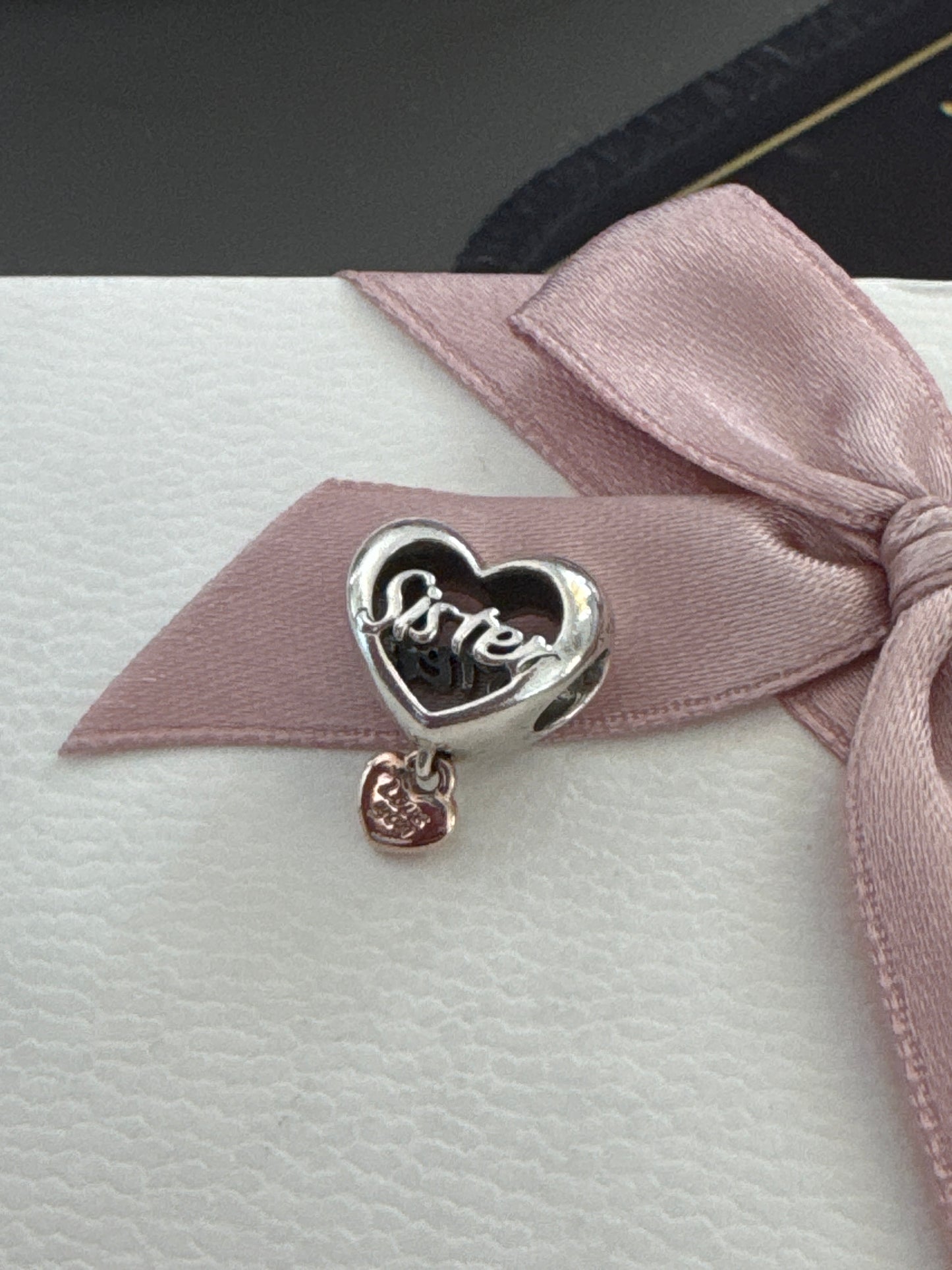 Genuine Pandora Silver & Rose Gold Sister Dangle Heart Open Dangle Charm