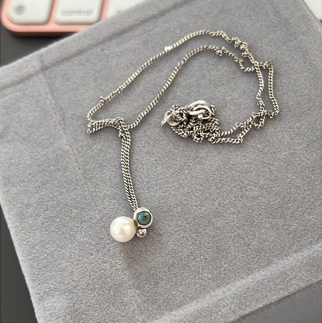Sterling Silver Tiny Pearl Cz and Blue Stone Necklace 40cm Drop - Choker / Kids Length