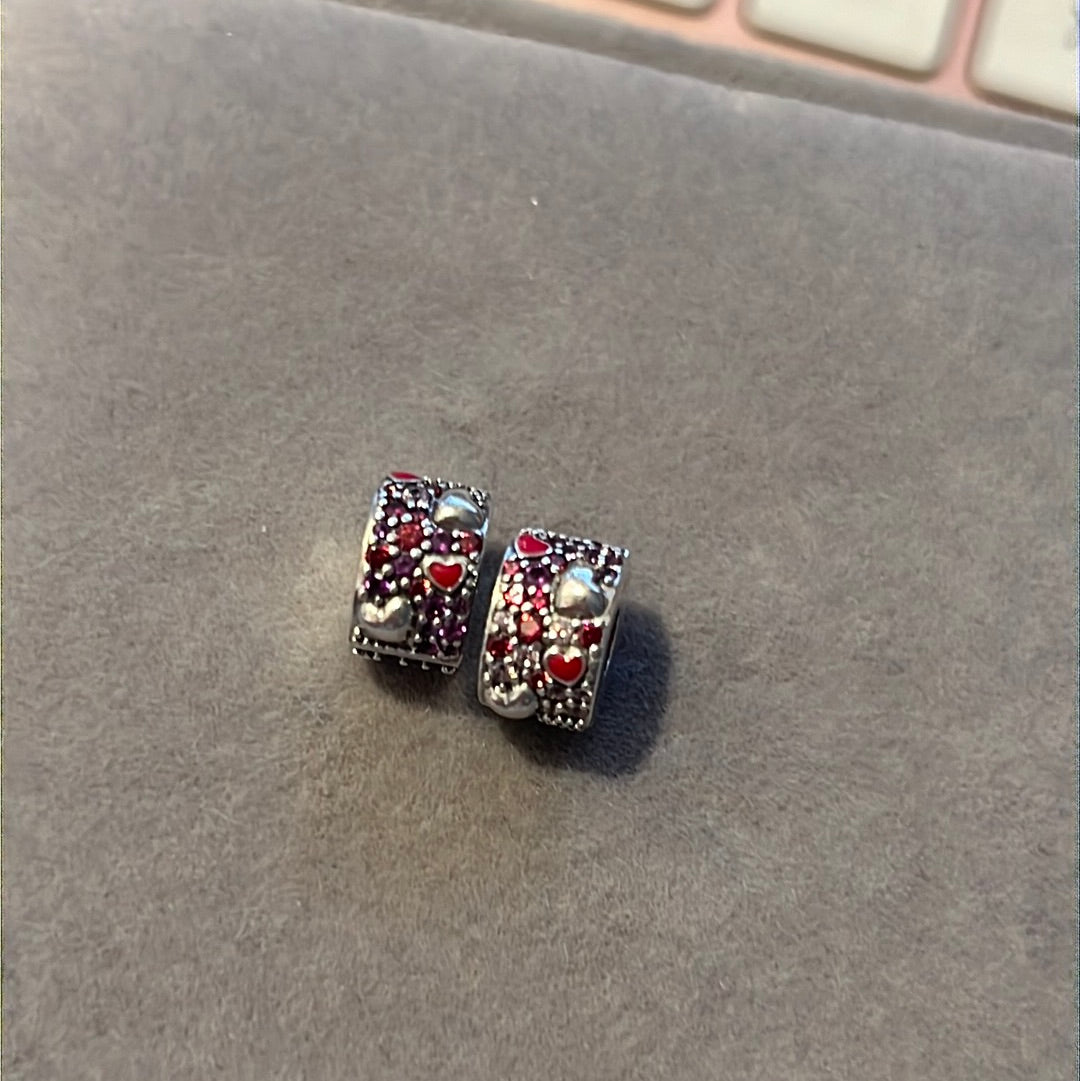 Genuine Pandora Pink and Purple Pave Heart Clips With Silicone PAIR