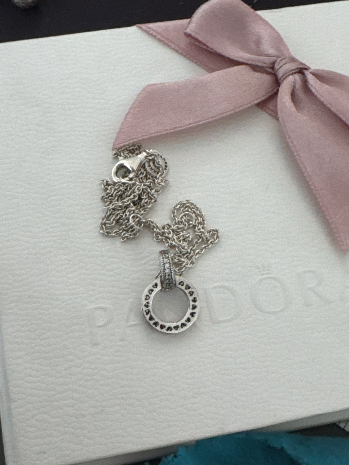 Genuine Pandora Pave Double Circle Radiant Hearts Necklace