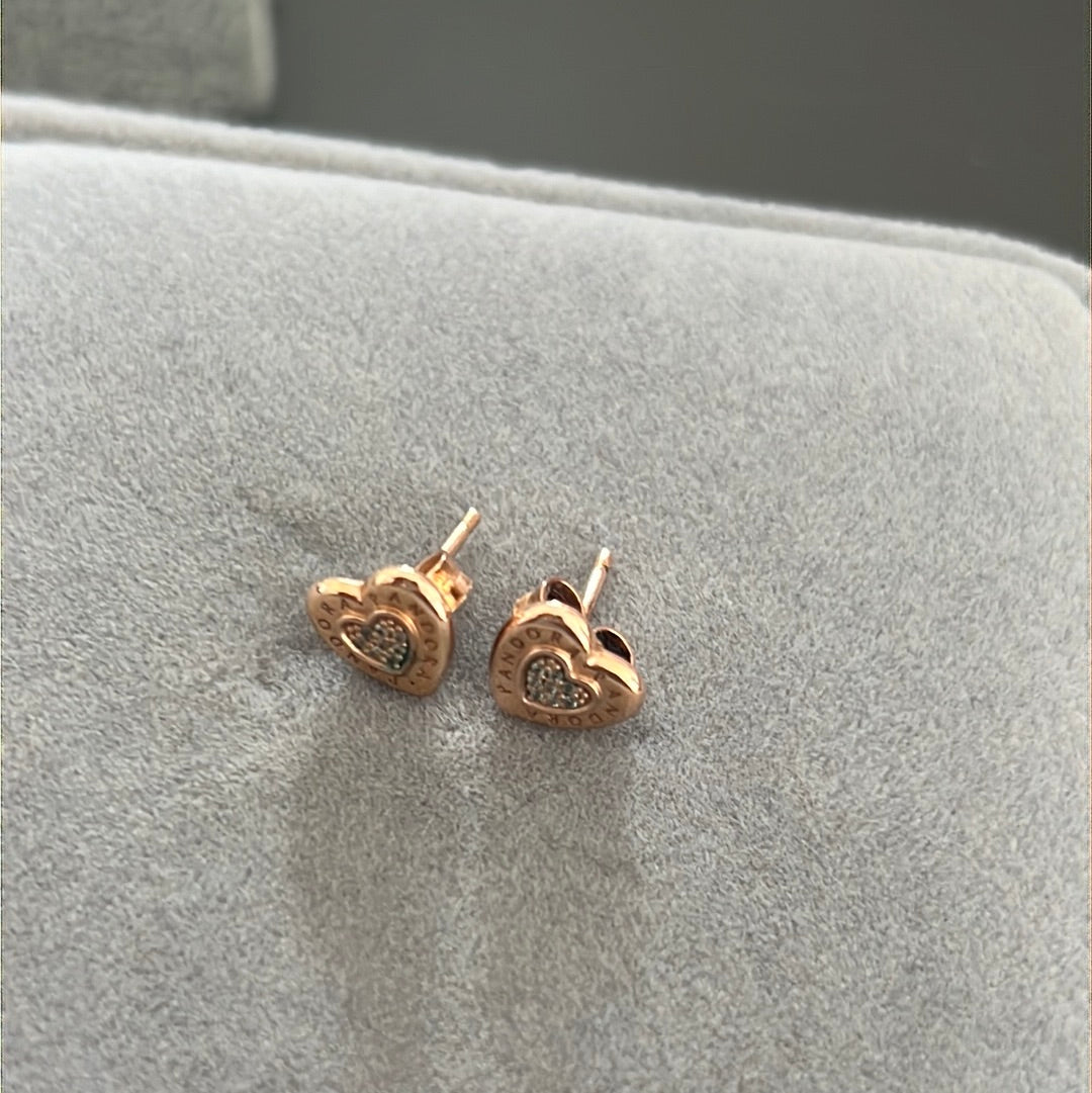 Genuine Pandora Rose Gold Heart Pave Logo Earrings Stud