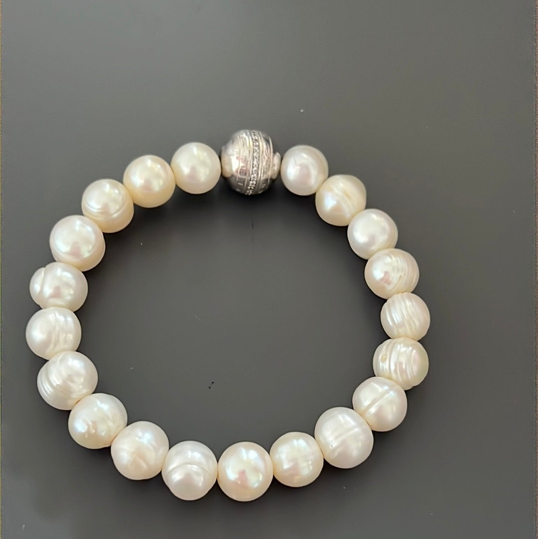 Thomas Sabo Sterling Silver White Pearl Bracelet With Silver and Pave Charm Ball Medium