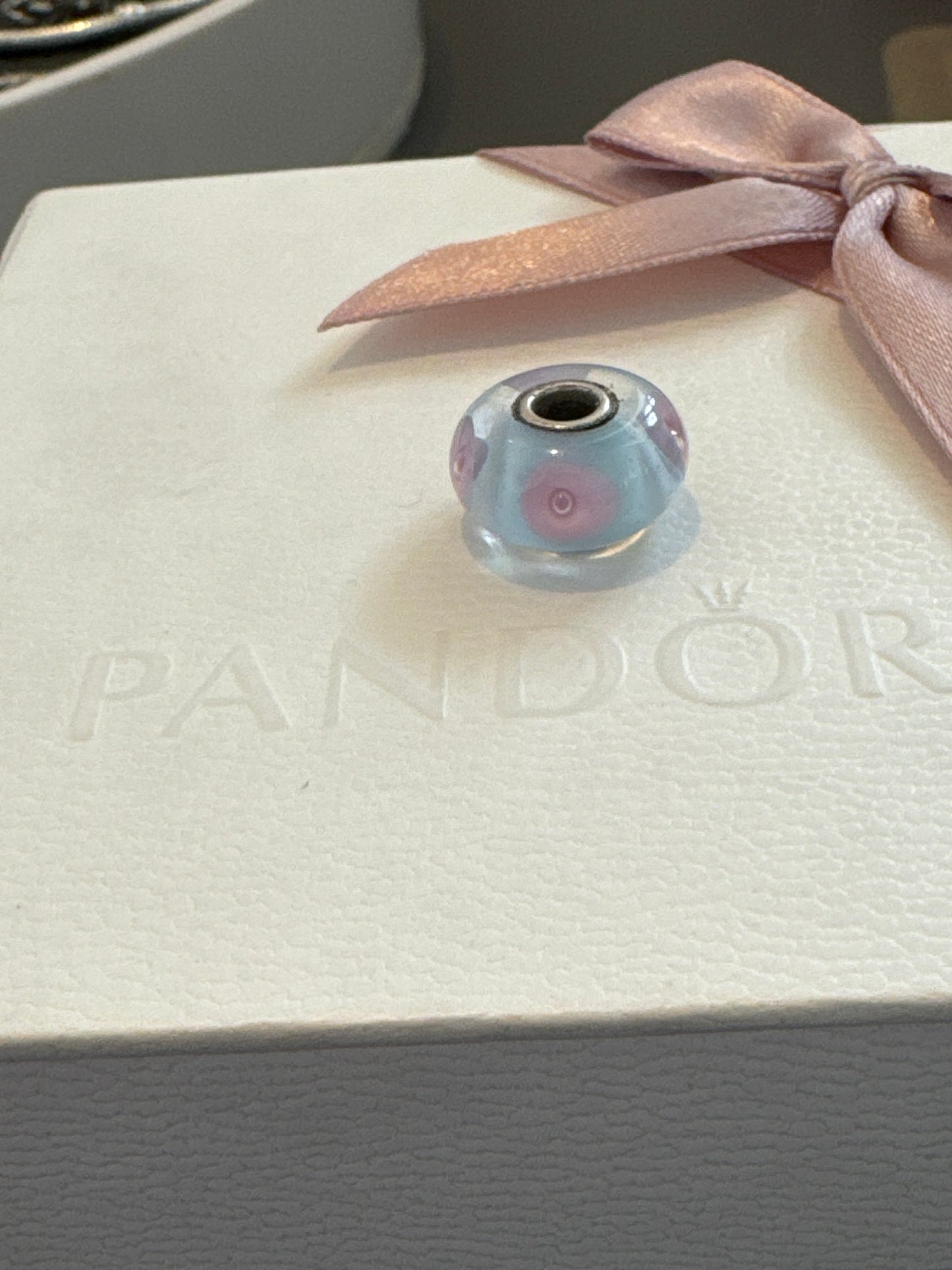 Genuine Trollbeads Pink Flower & Blue Murano Charm