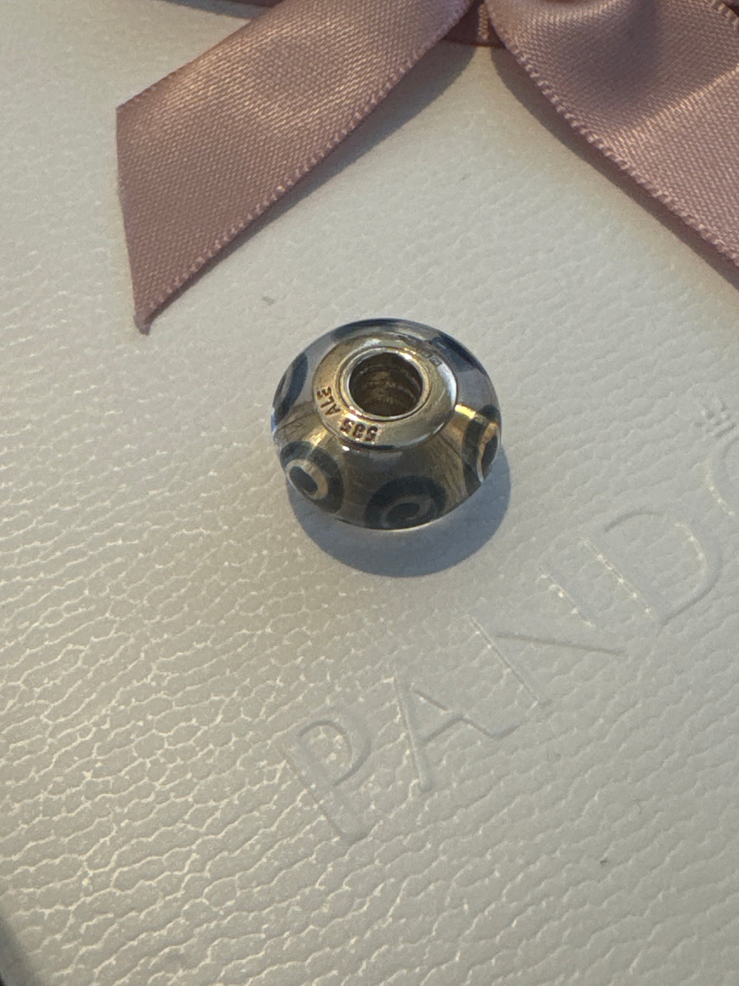 Genuine Pandora Solid 14ct Gold Black Spiral Murano Charm HTF