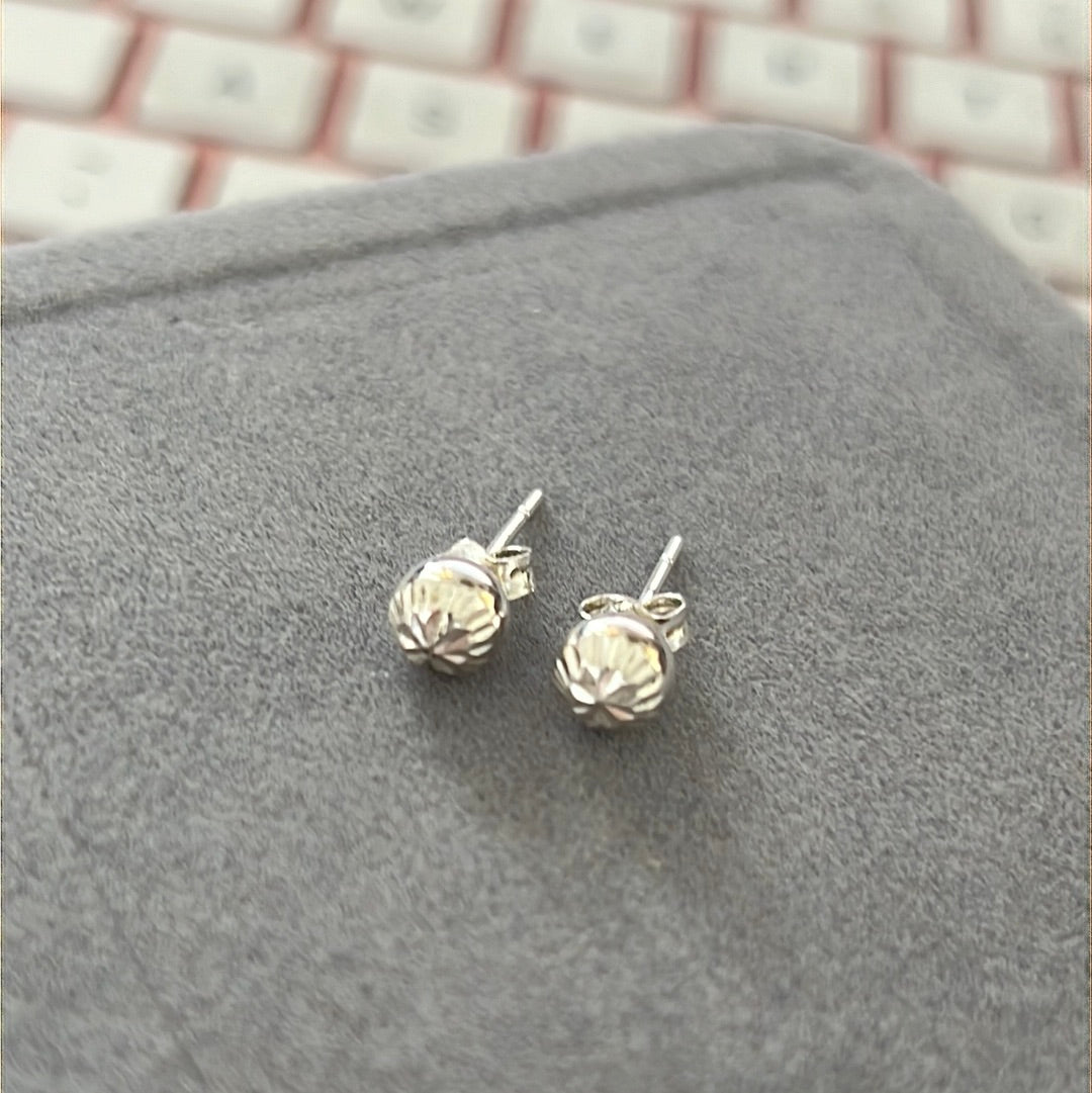 Sterling Silver Ball Earrings Studs With Etching Design