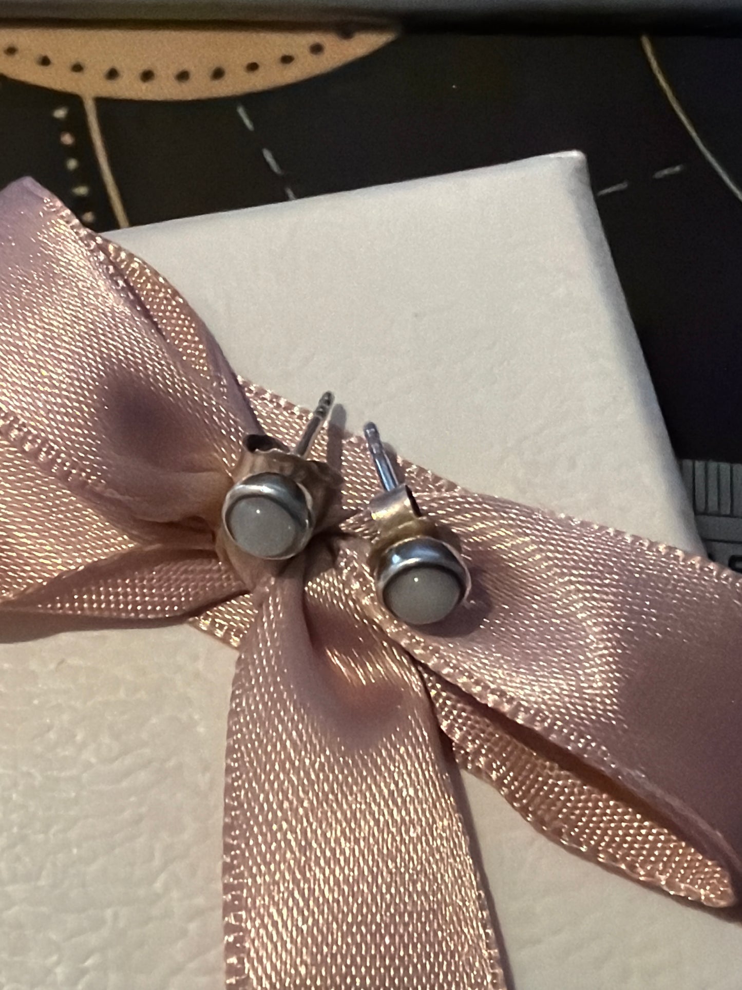 Genuine Pandora Moonstone Grey HTF Cabochon Tiny Earrings Studs