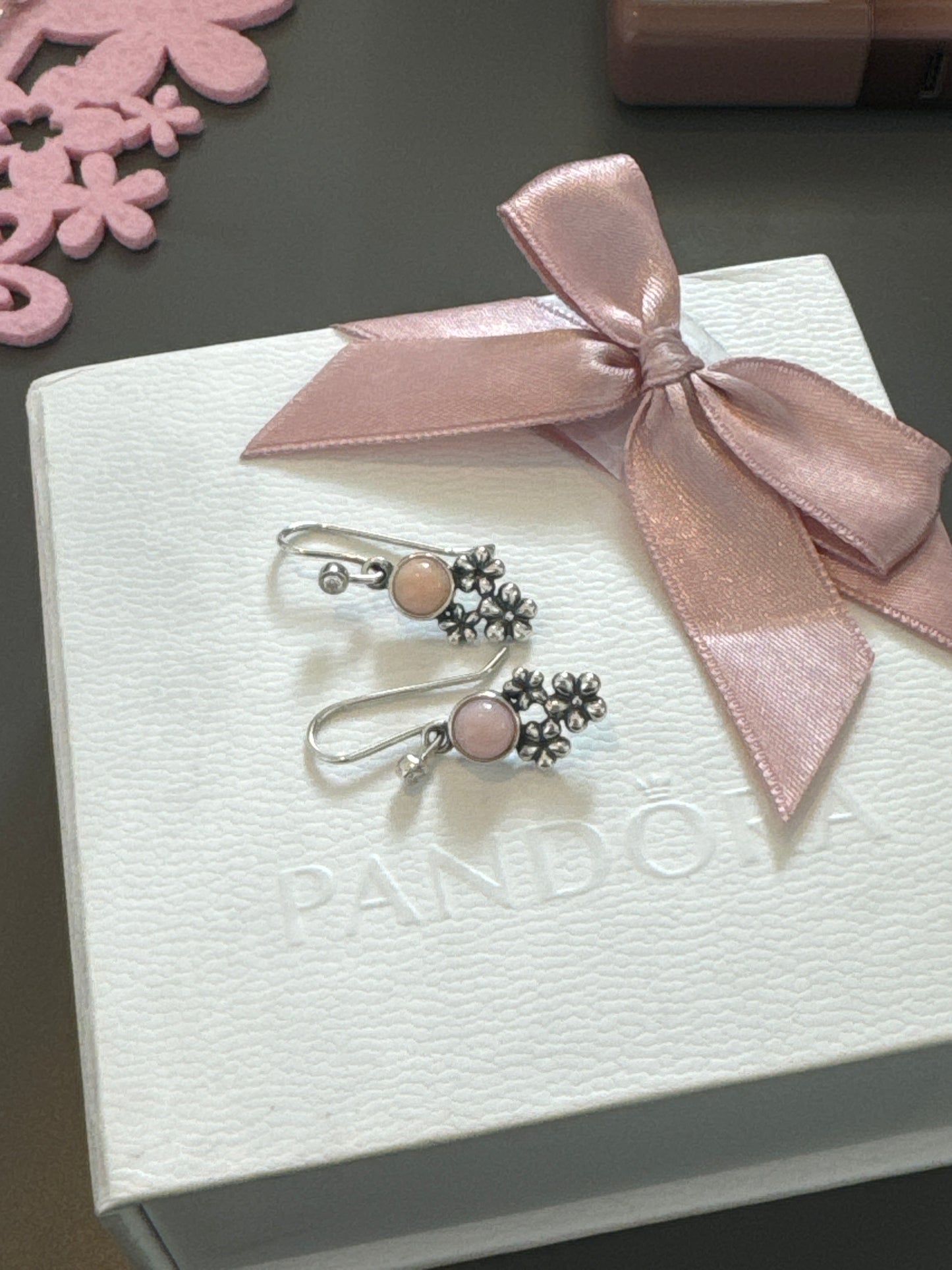 Genuine Pandora Compose HTF Pink Opal Flower Earrings Compose