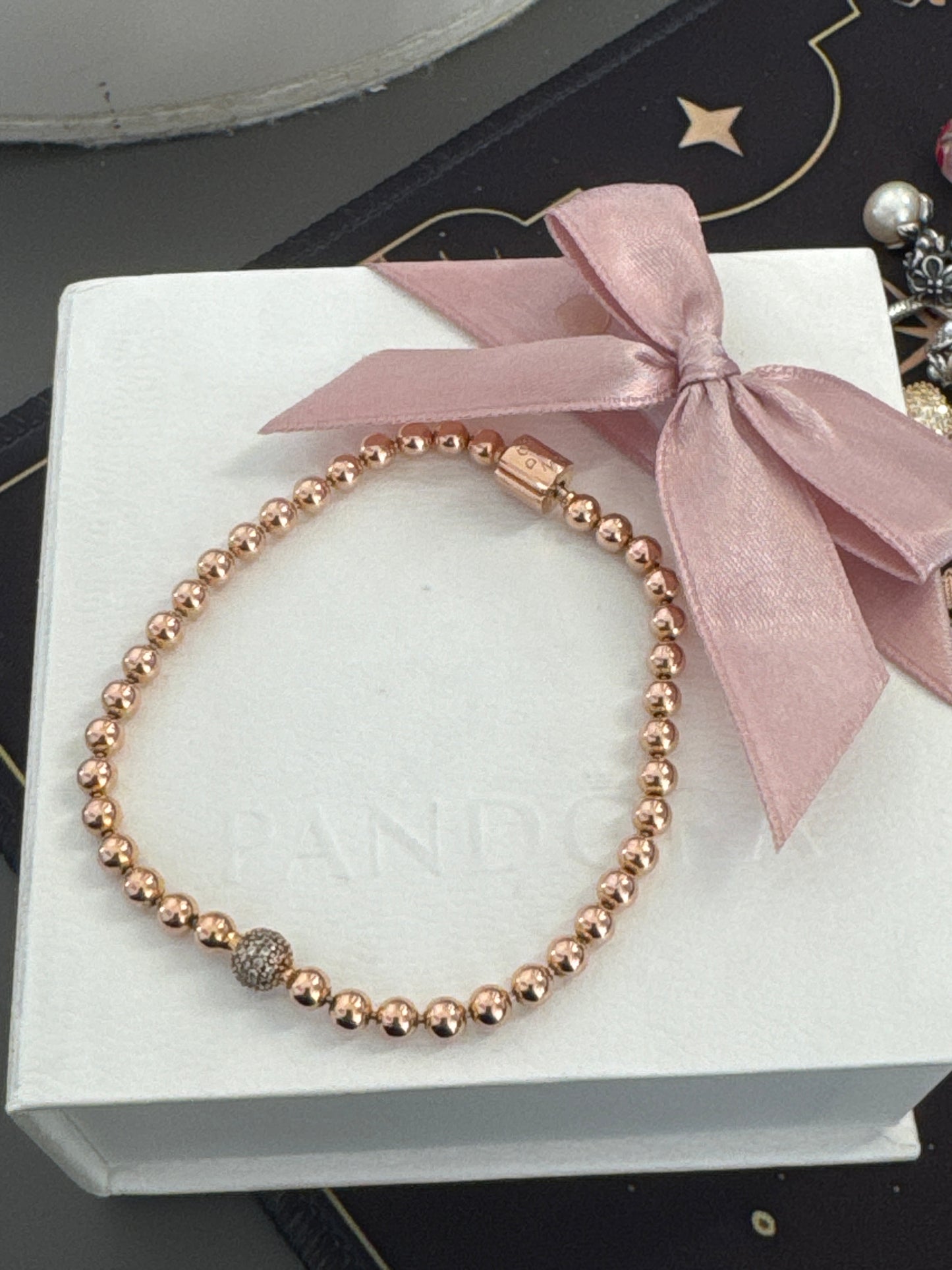 Genuine Pandora Rose Gold Beaded Pave Bracelet 18cm