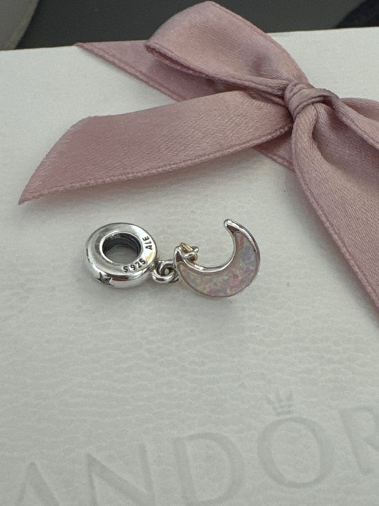 Genuine Pandora Pink Opal Moon Two Tone Key Dangle Charm