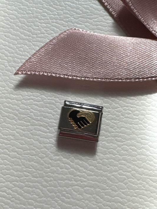 Genuine Nomination Silver Link Charm Gold and Black Enamel Handshake