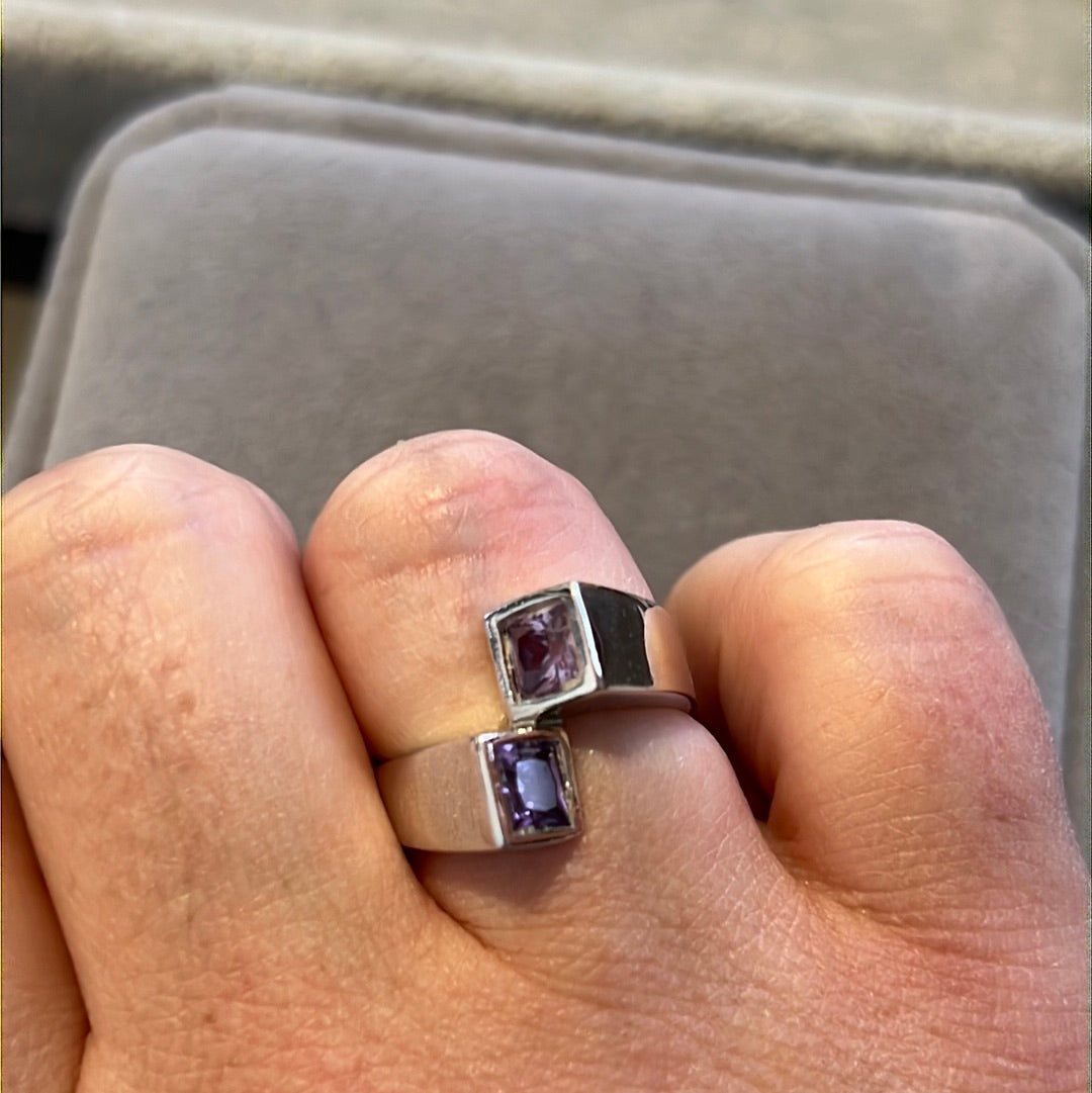 Sterling Silver Purple Square CZ Cross Ring 54