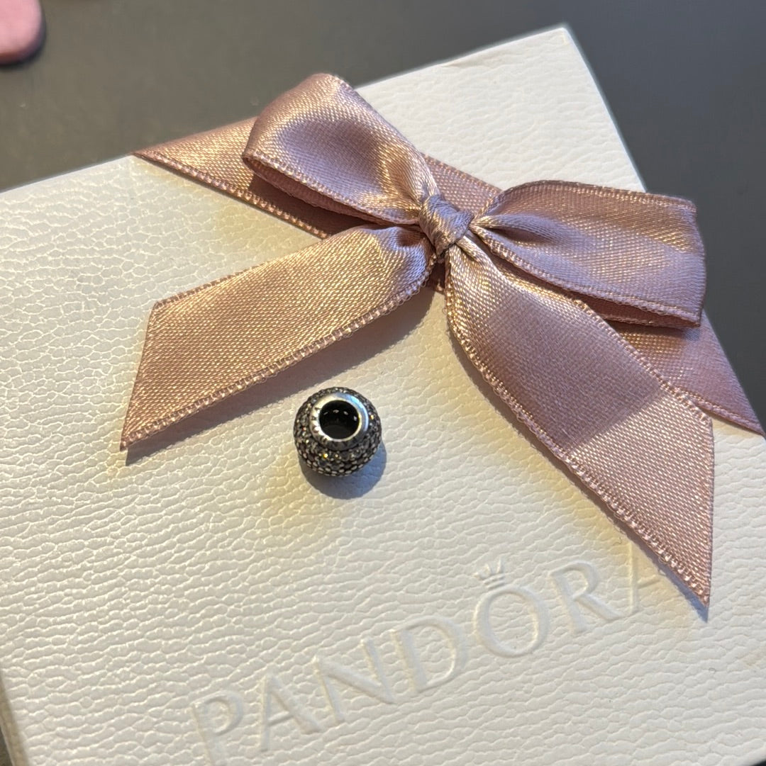 Genuine Pandora Pave Sparkle Ball With Pink and Black Flower