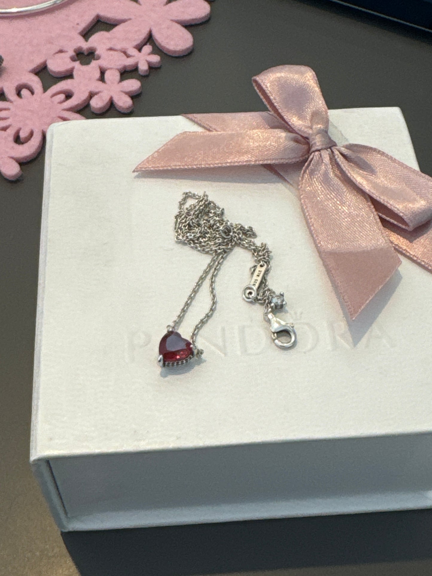 Genuine Pandora Red Halo Pave CZ Heart Necklace 45cm