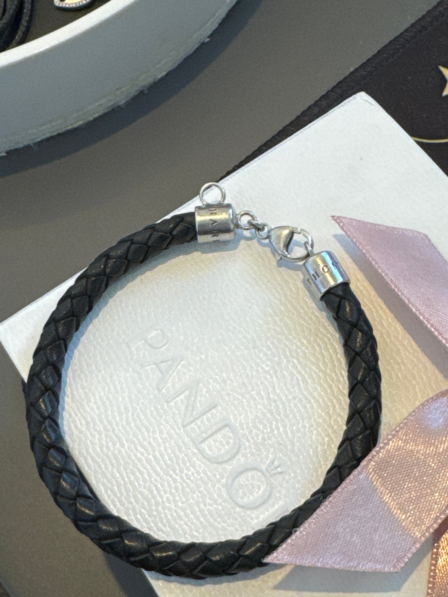 Genuine Thomas Sabo Black Leather Thick Clip Charm Bracelet 20cm