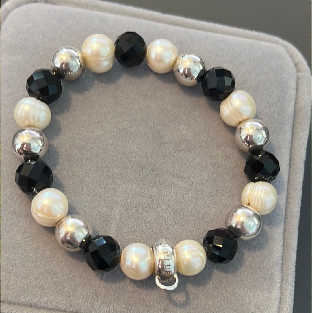 Genuine Thomas Sabo White Pearl, Onyx and Silver Ball Stretch Bracelet Medium