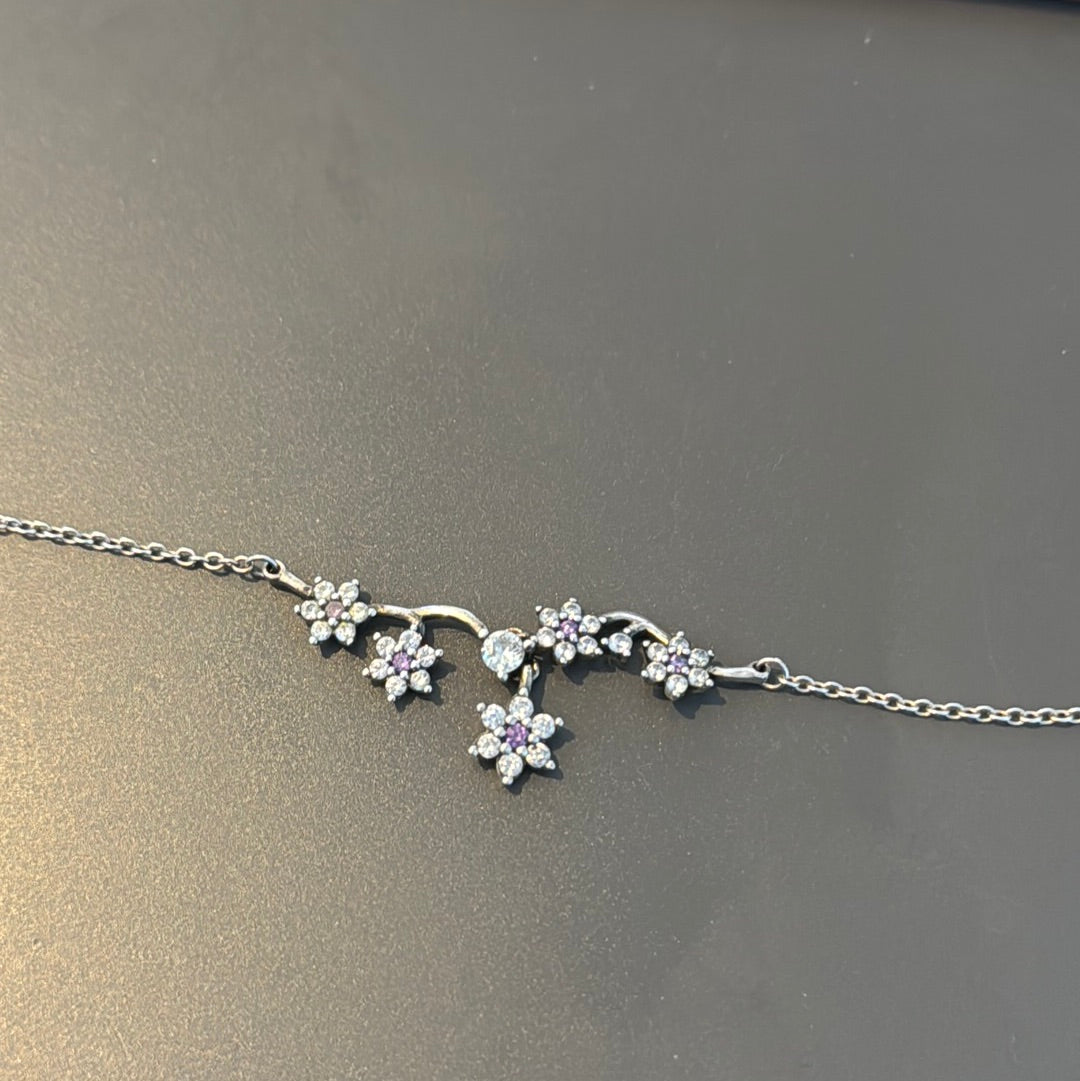 Genuine Pandora Purple Pave Dangle Forget Me Not Necklace 50cm Max Drop