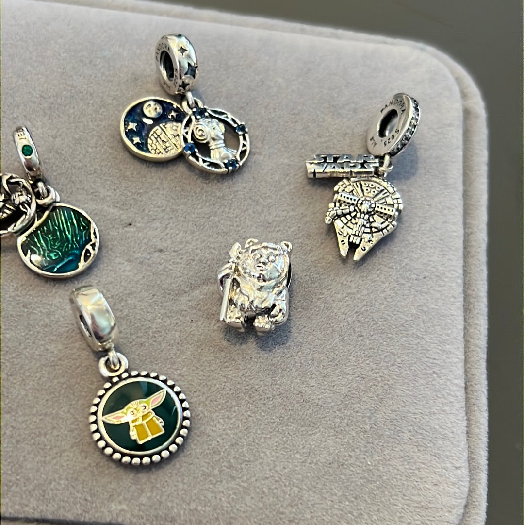 Bundle of Sterling Silver Star Wars Charms Yoda, Ewok, Falcon, Princess Laya