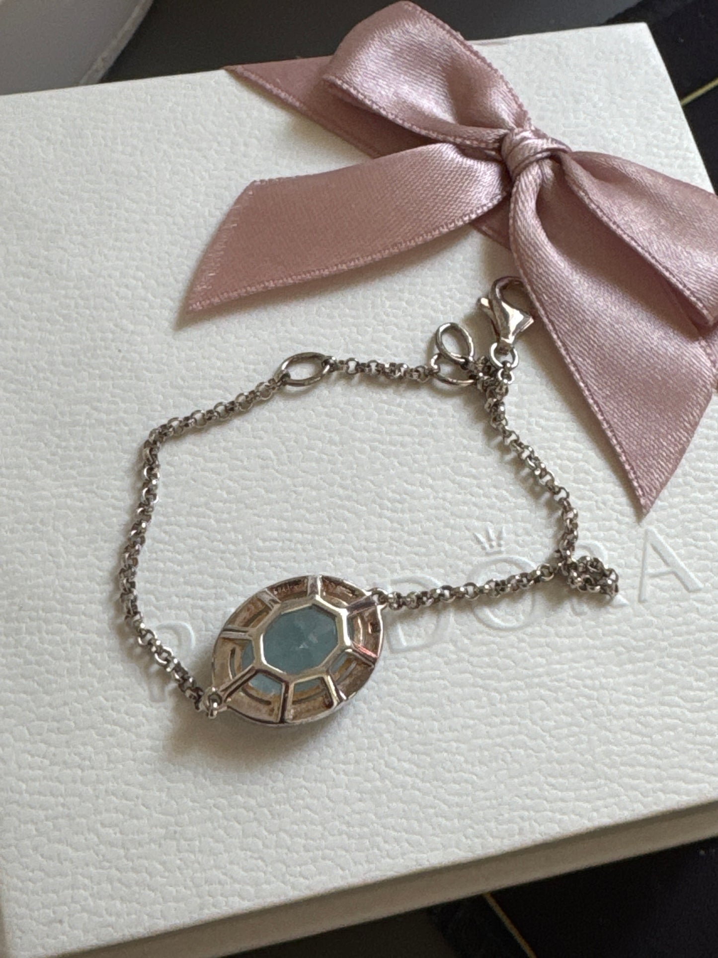 Genuine Thomas Sabo Silver CZ Milky Aquamarine Round Stone Bracelet 19cm max