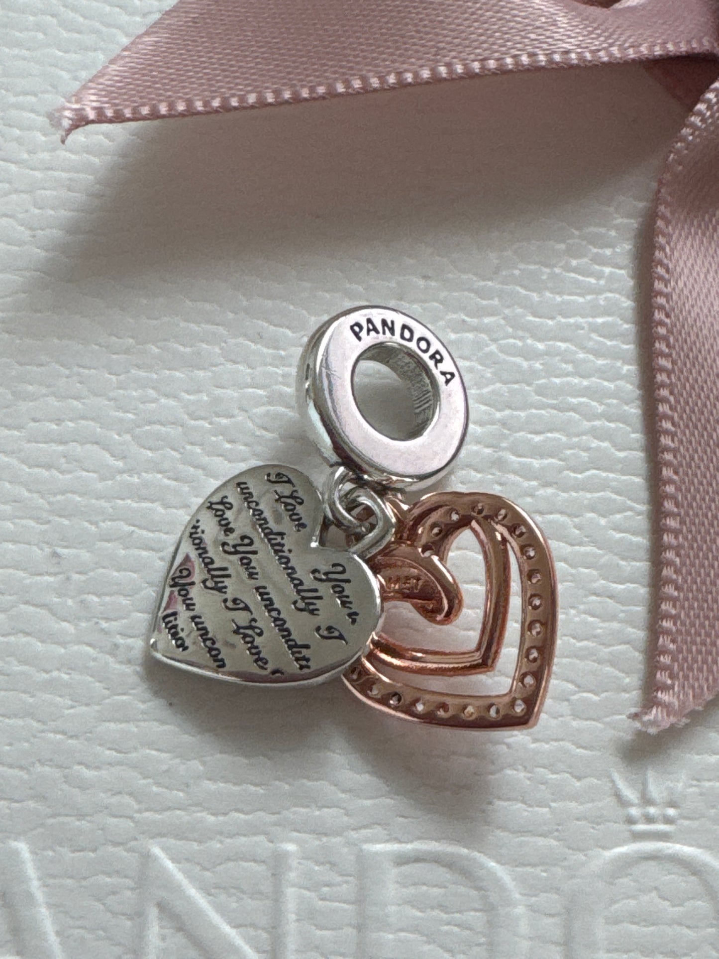 Genuine Rose Gold Pandora Sparkling Entwined Hearts Dangle Pave Charm