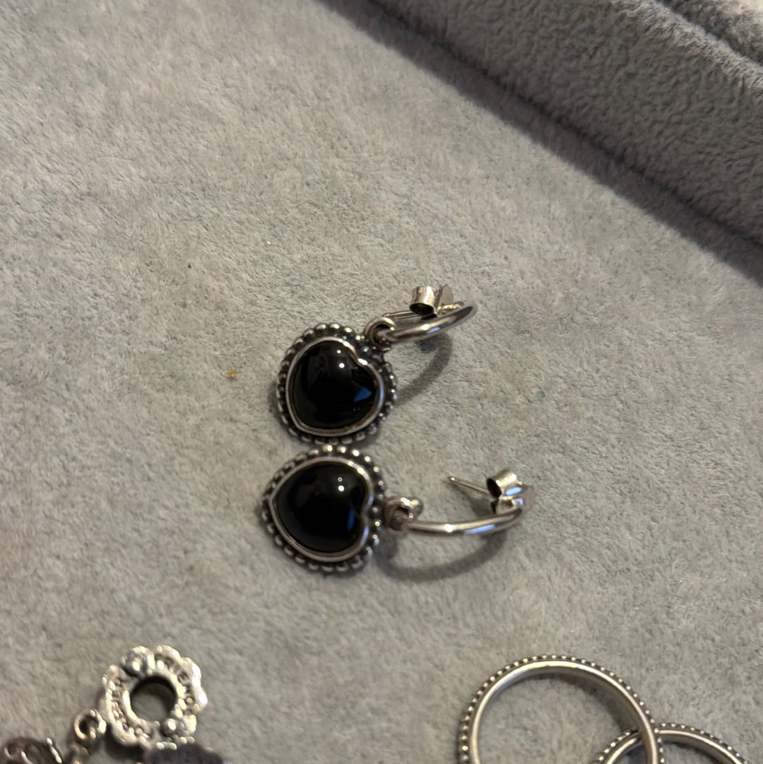 Genuine Pandora Very Rare and Special Black Onyx Stone Mi Amor Compose Earrings