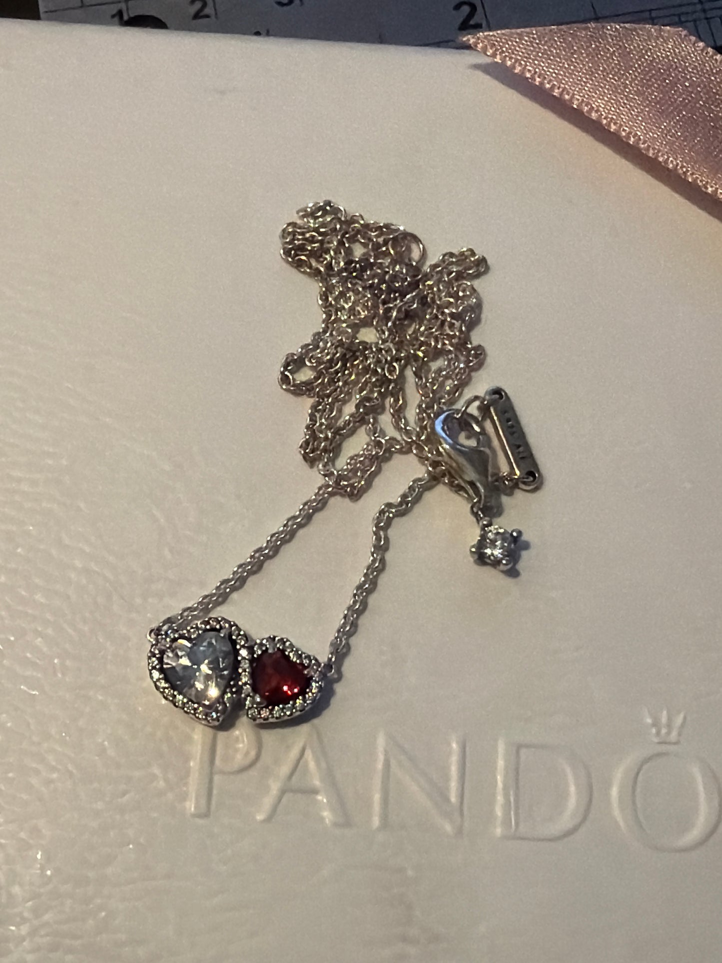 Genuine Pandora Sparkling Pave Double Heart Red CZ Necklace