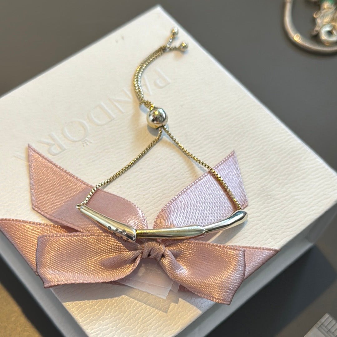 Genuine Pandora Shine Gold Stem Pave Flower Slider Tennis Bracelet