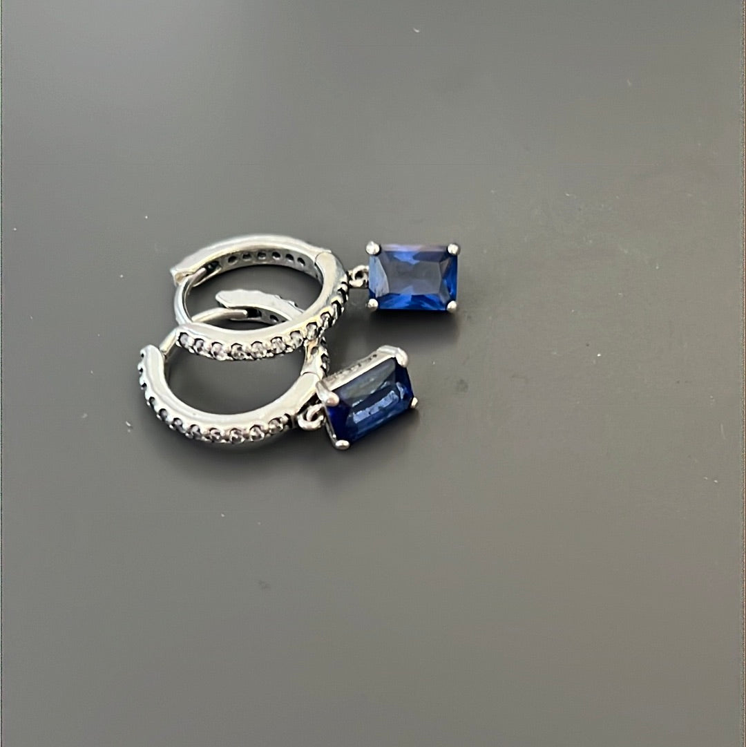 Genuine Pandora Beautiful Blue Rectangle Pave Dangle Hoop Earrings