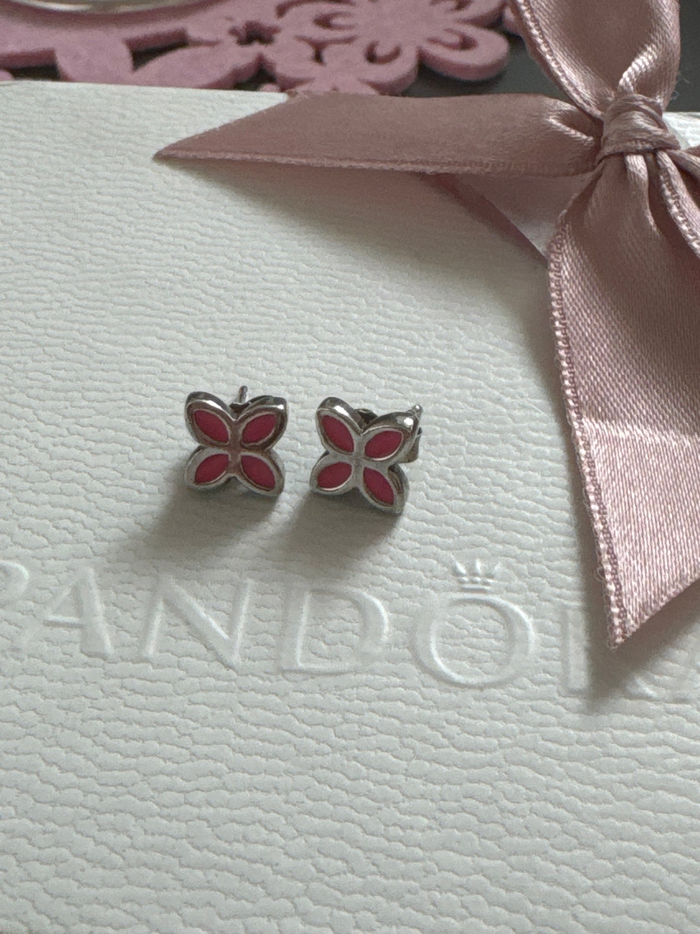 Genuine Pandora Enamel Flower Pink Earrings Rare HTF
