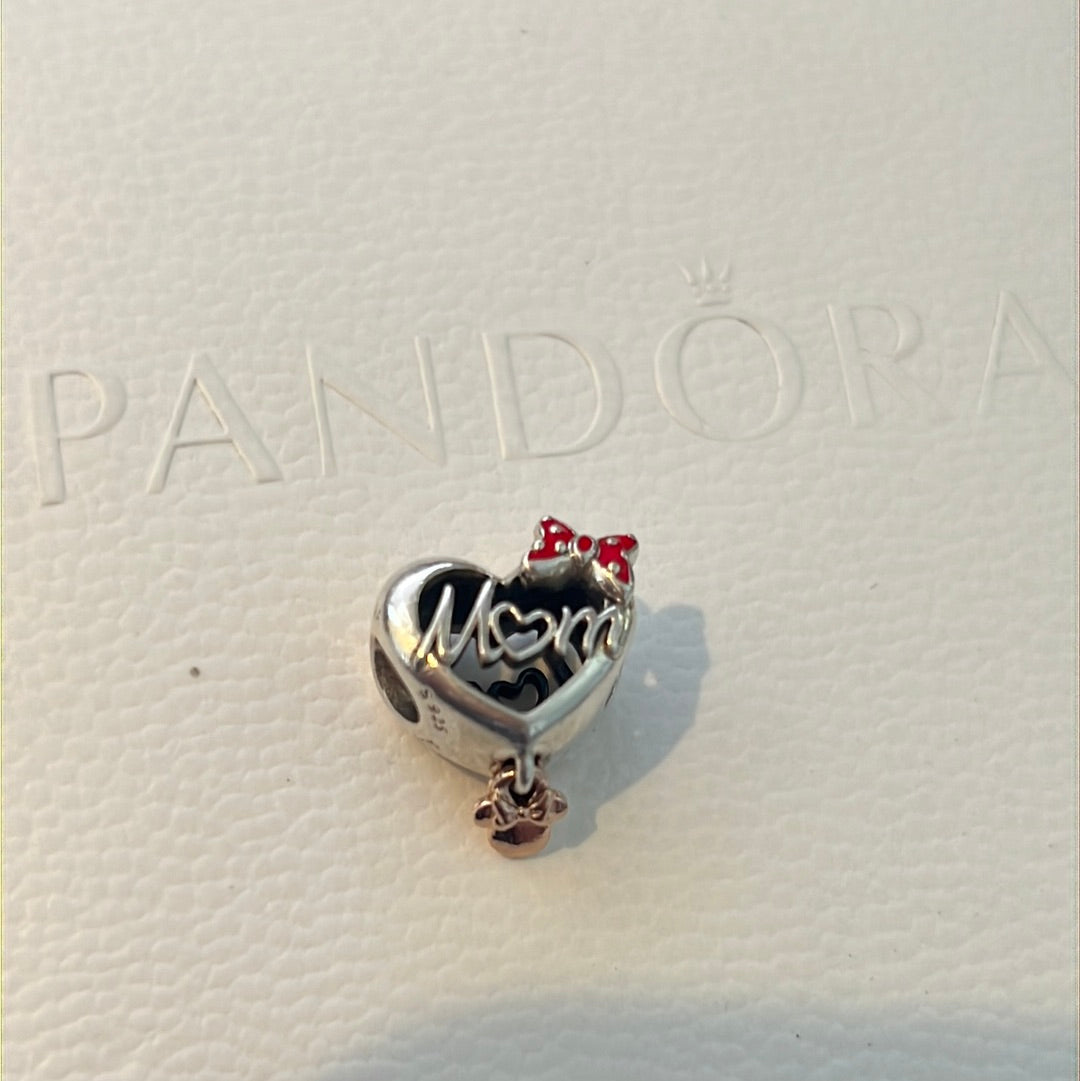 Genuine Pandora Disney Minnie Mouse Disney Mum Enamel With Rose Gold Dangle Heart Charm