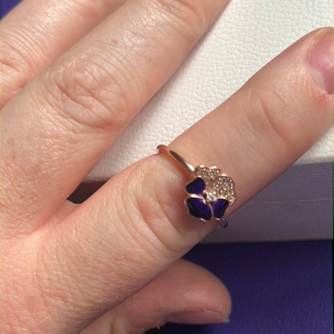 Genuine Pandora Rose Gold Pave Purple Pansy Flower Ring Size 58