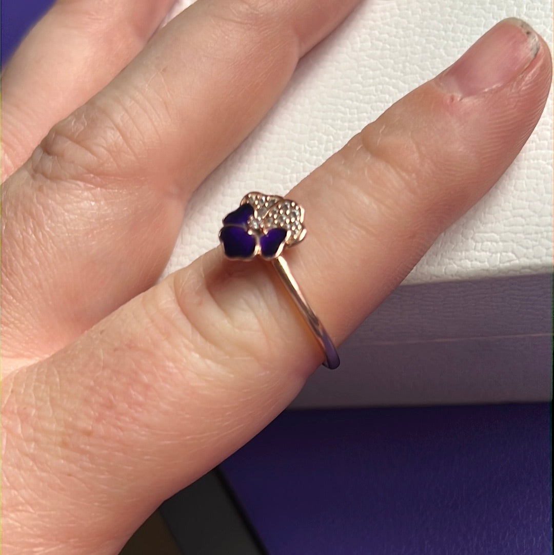 Genuine Pandora Rose Gold Pave Purple Pansy Flower Ring Size 58