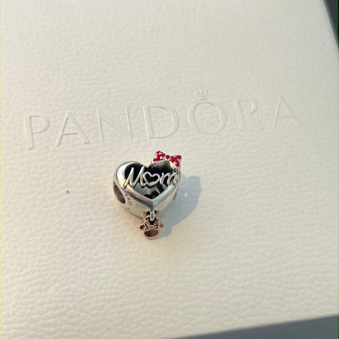 Genuine Pandora Disney Minnie Mouse Disney Mum Enamel With Rose Gold Dangle Heart Charm