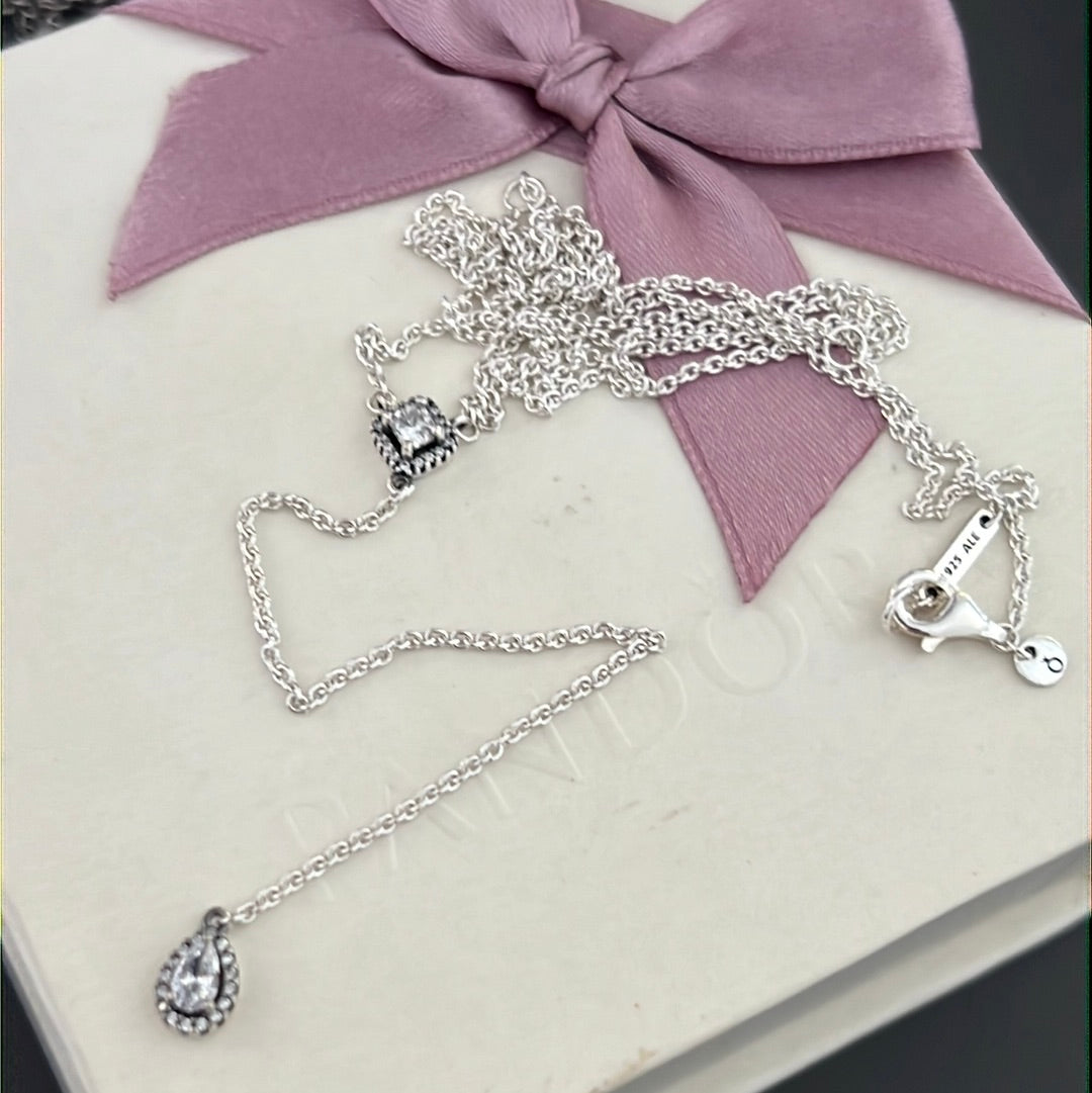 Genuine Pandora Pave Teardrop and Square Geometric Drop Necklace LONG