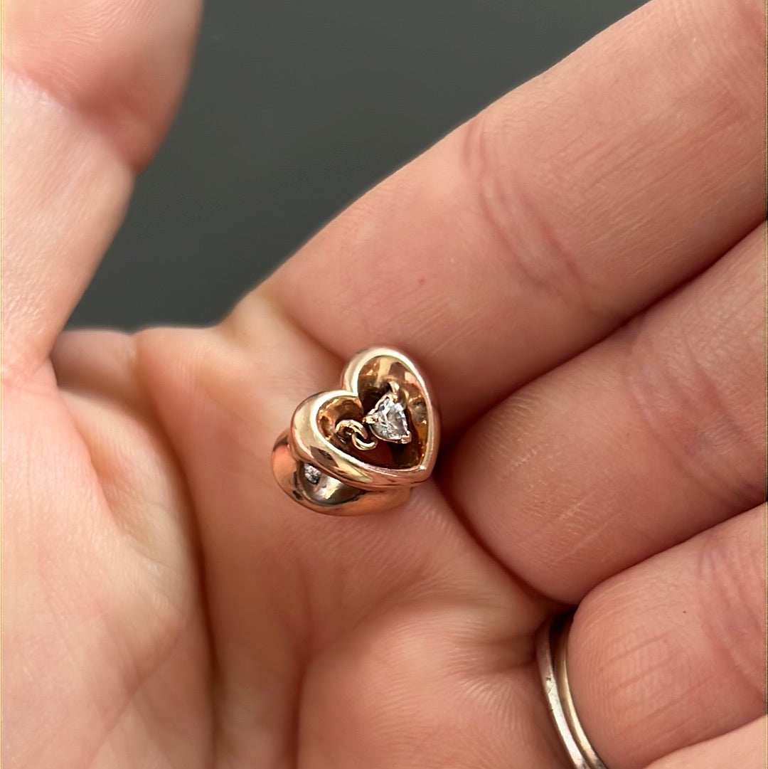Genuine Pandora Rose Gold / Silver Openwork Heart With Floating Heart CZ Charm