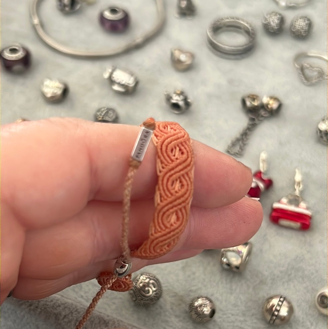 Genuine Pandora Orange Salmony Macramé Material Bracelet Clip Station One Charm Bracelet