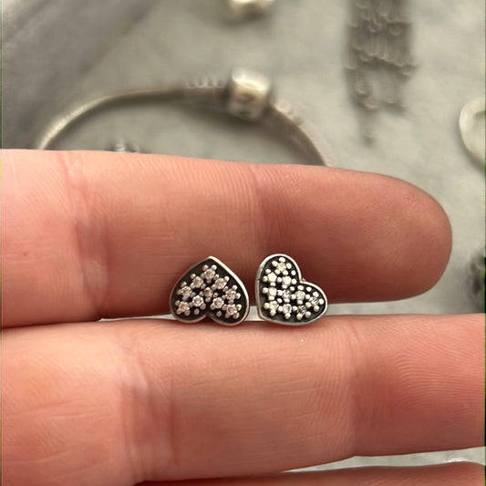 Genuine Pandora Oxidised Pave CZ Heart Earrings Studs