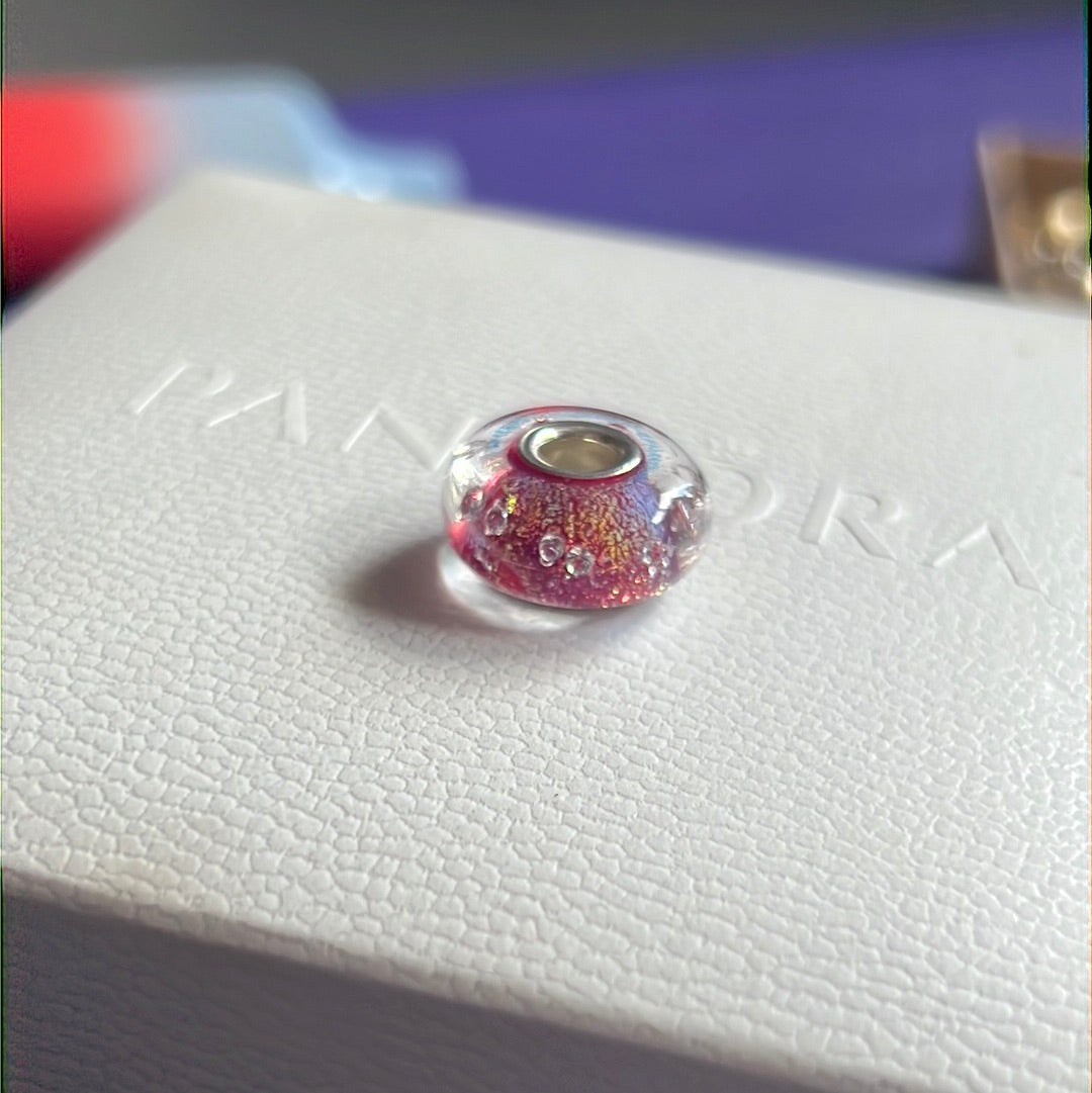 Genuine Chamilia Pink Shine Sparkle Foil Murano Glass Charm With Bubbles