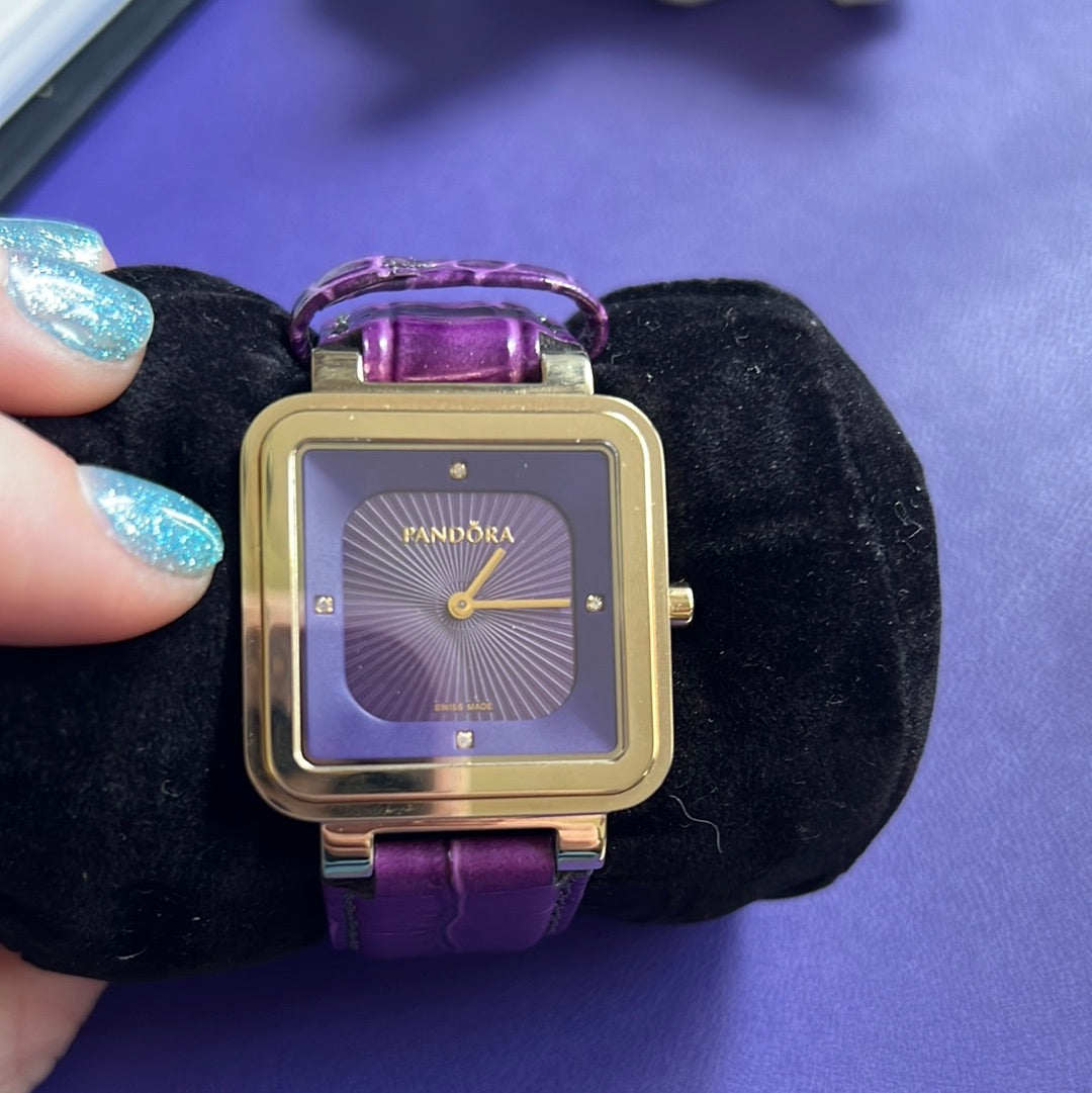 Genuine Pandora Gold Hardware Watch with Purple Leather Strap Perfect
