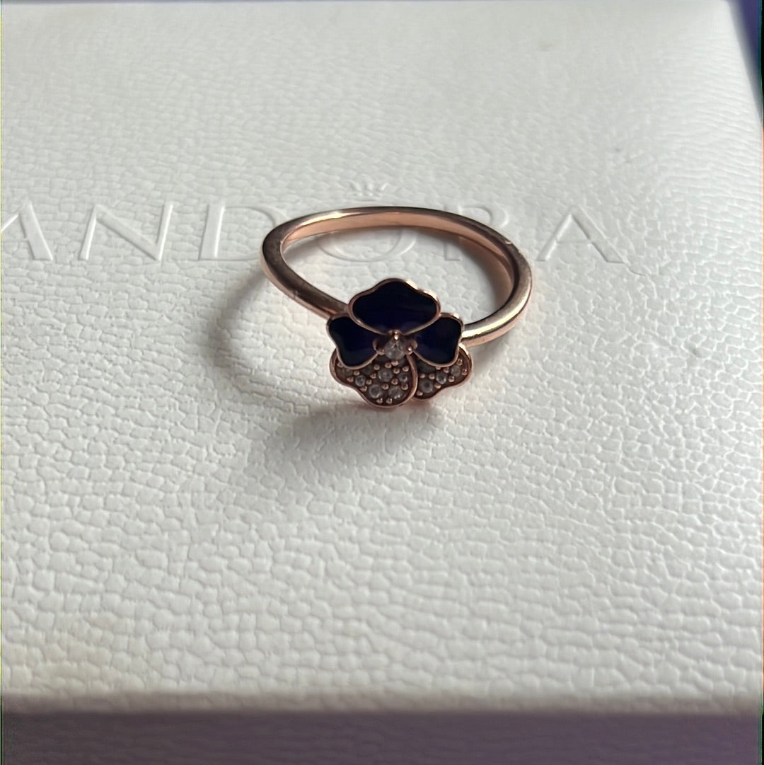 Genuine Pandora Rose Gold Pave Purple Pansy Flower Ring Size 58