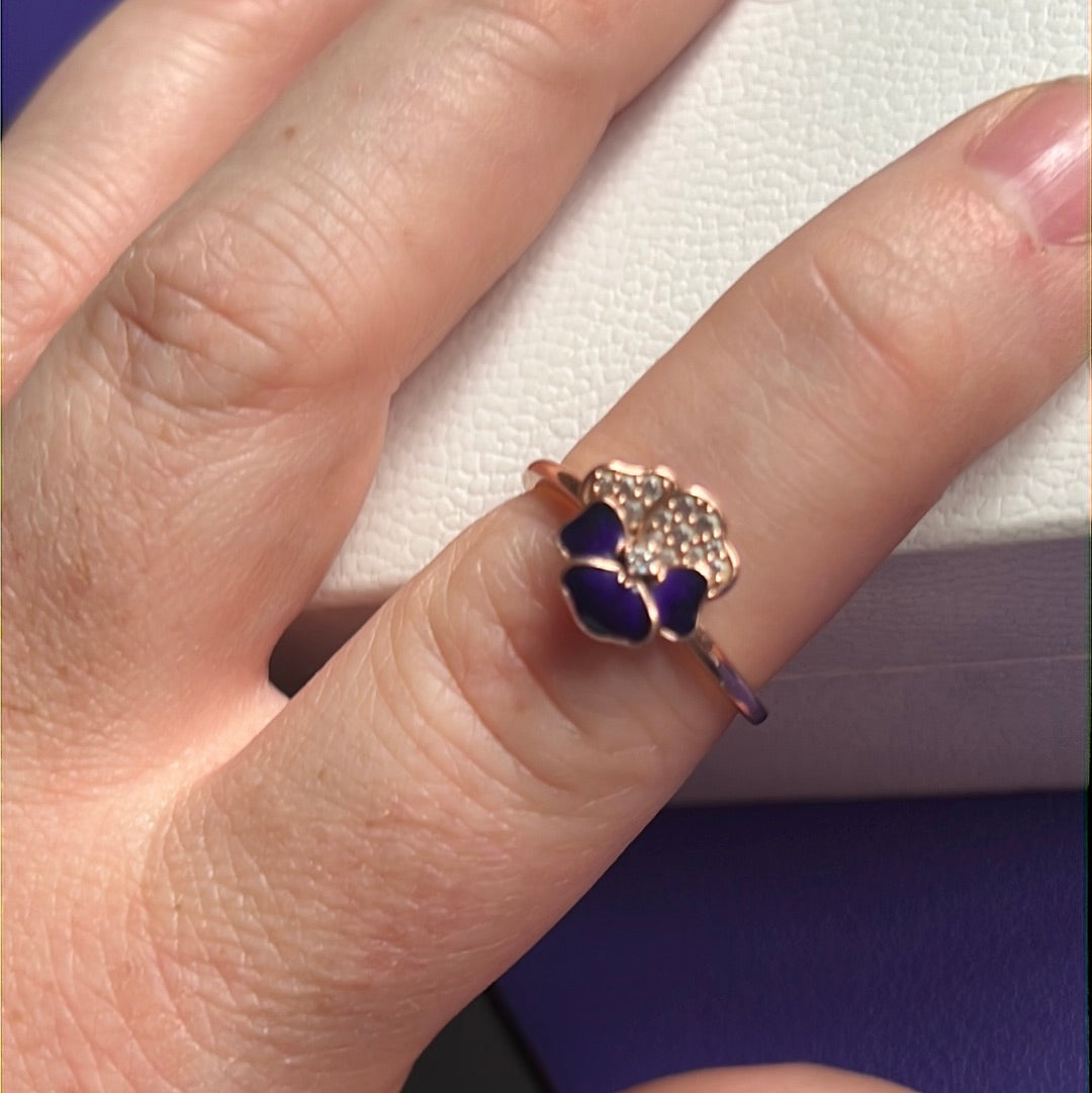 Genuine Pandora Rose Gold Pave Purple Pansy Flower Ring Size 58