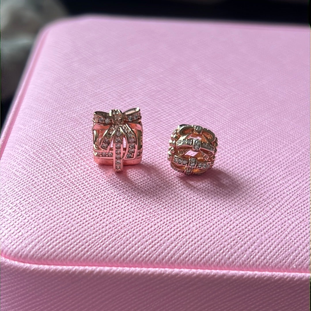 Sterling Silver Rose Gold Sparkling Pair of Pave Charms