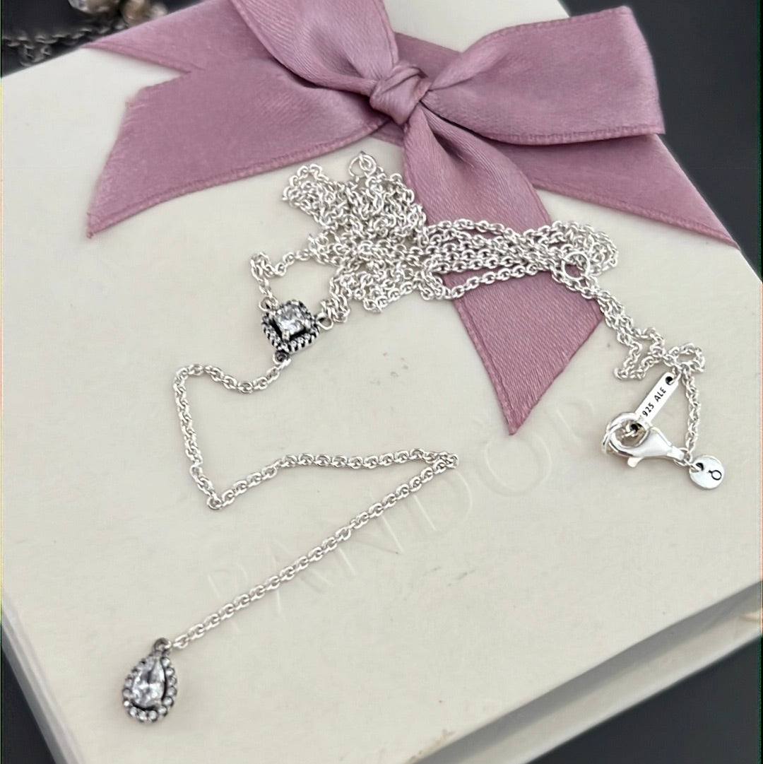 Genuine Pandora Pave Teardrop and Square Geometric Drop Necklace LONG