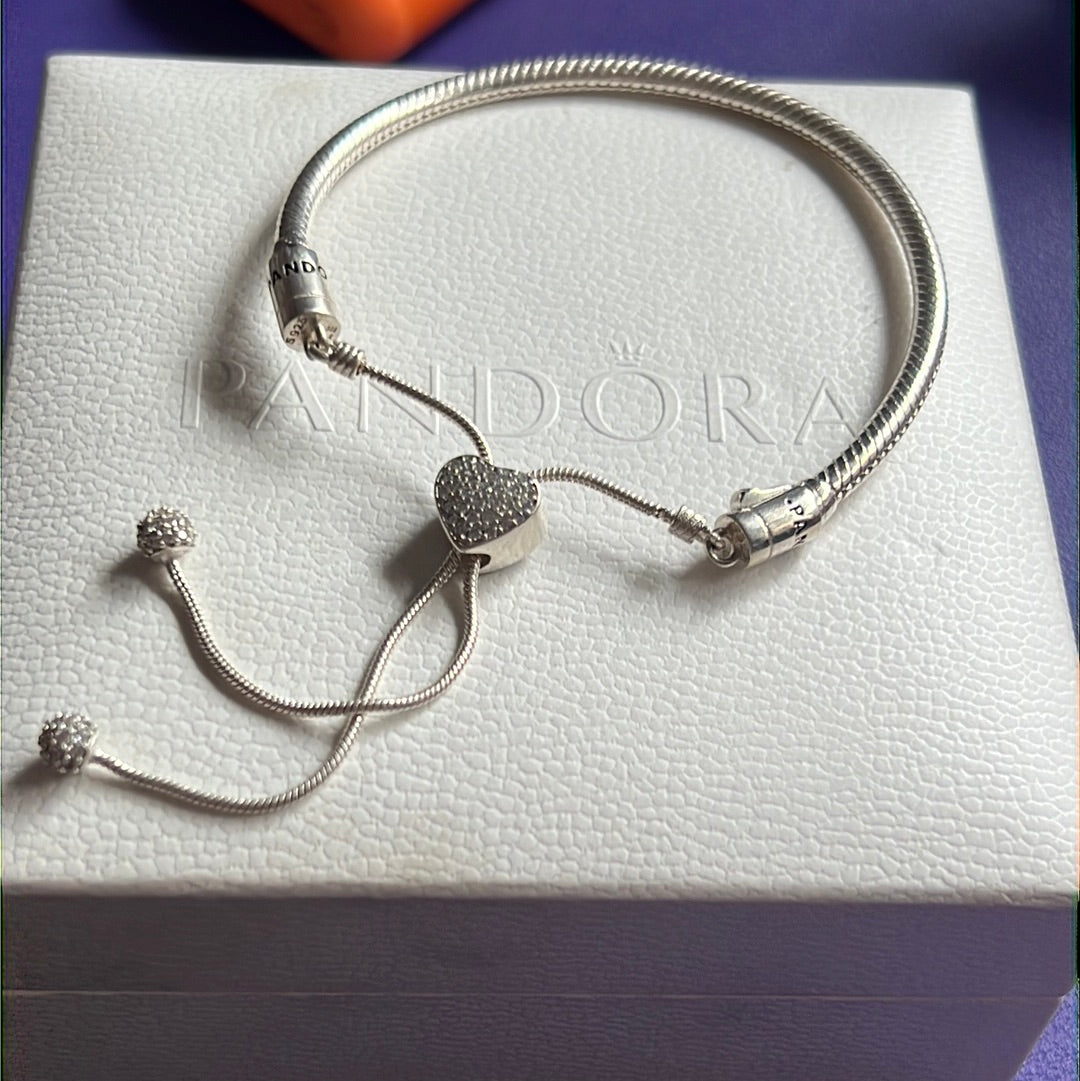 Genuine Pandora Pave Heart Slider Tennis Bracelet Adjustable