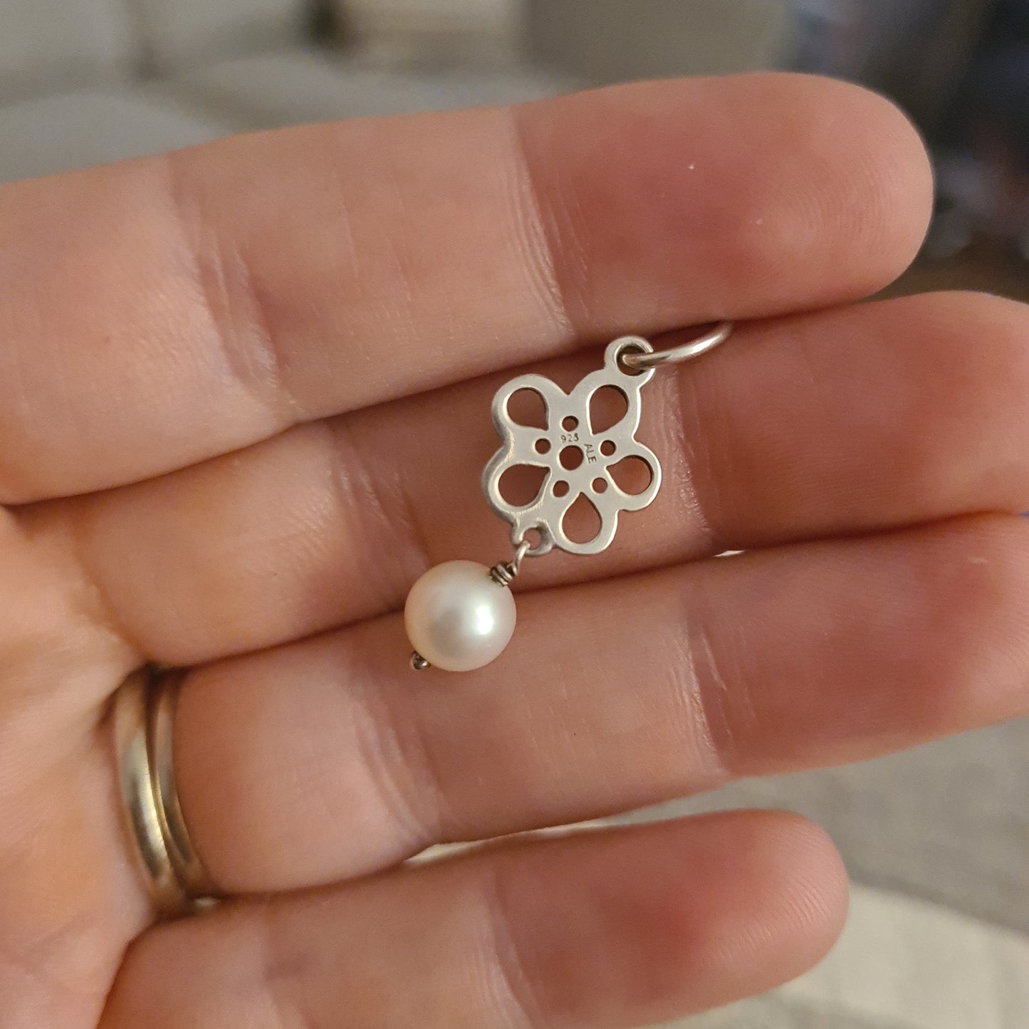 Genuine Pandora Flower Pendant with White Pearl