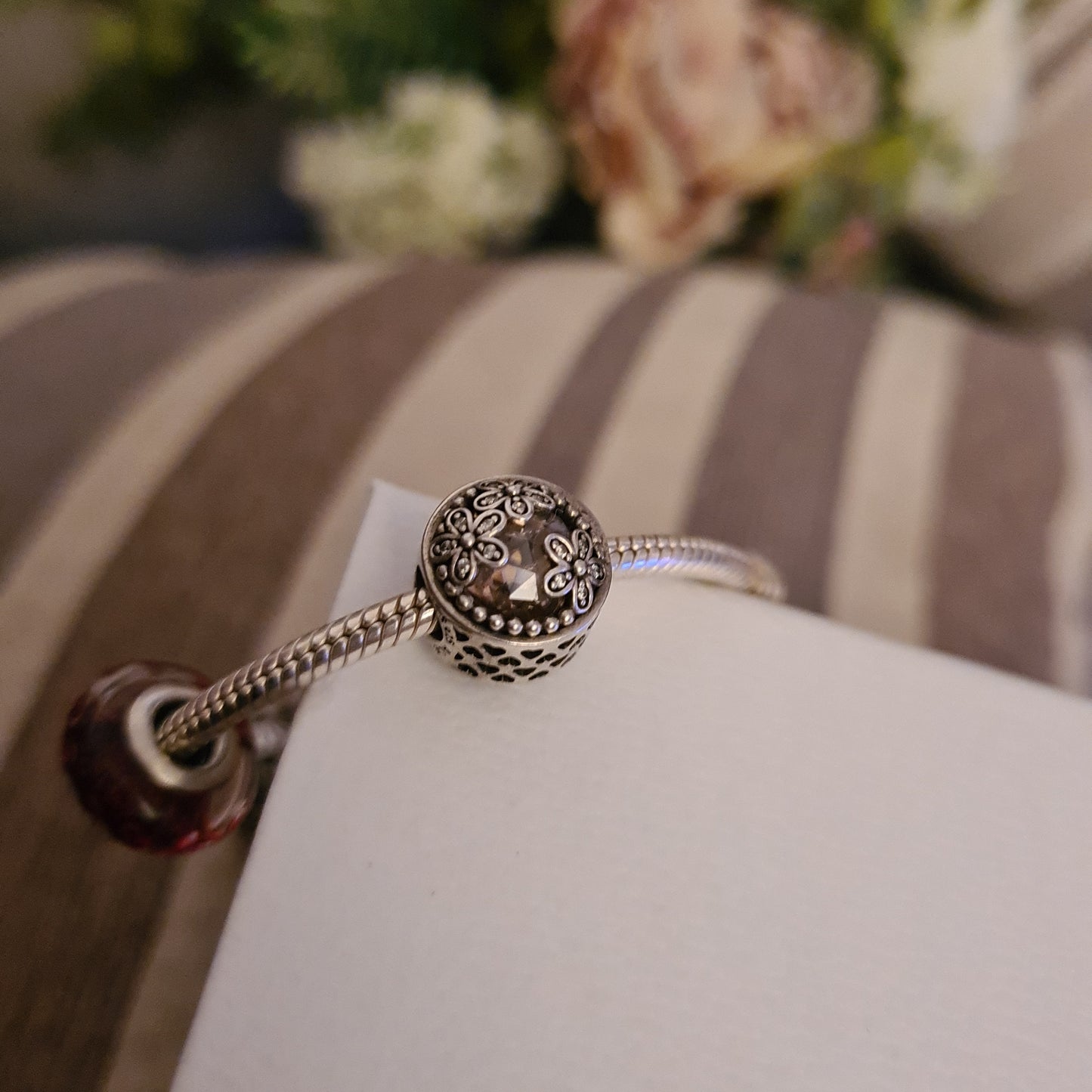 Genuine Pandora Glass Pink and Daisy Flower Pave Charm