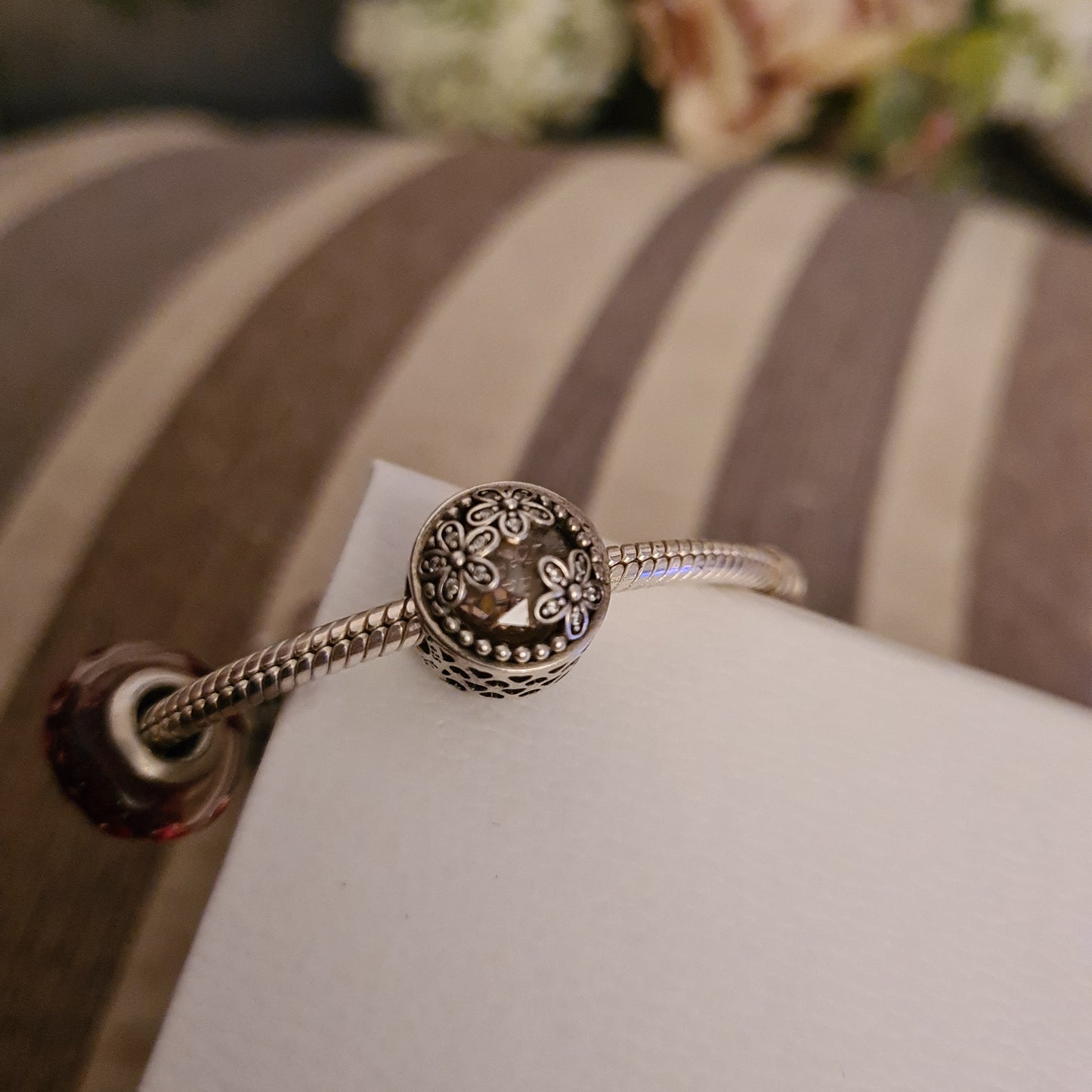 Genuine Pandora Glass Pink and Daisy Flower Pave Charm