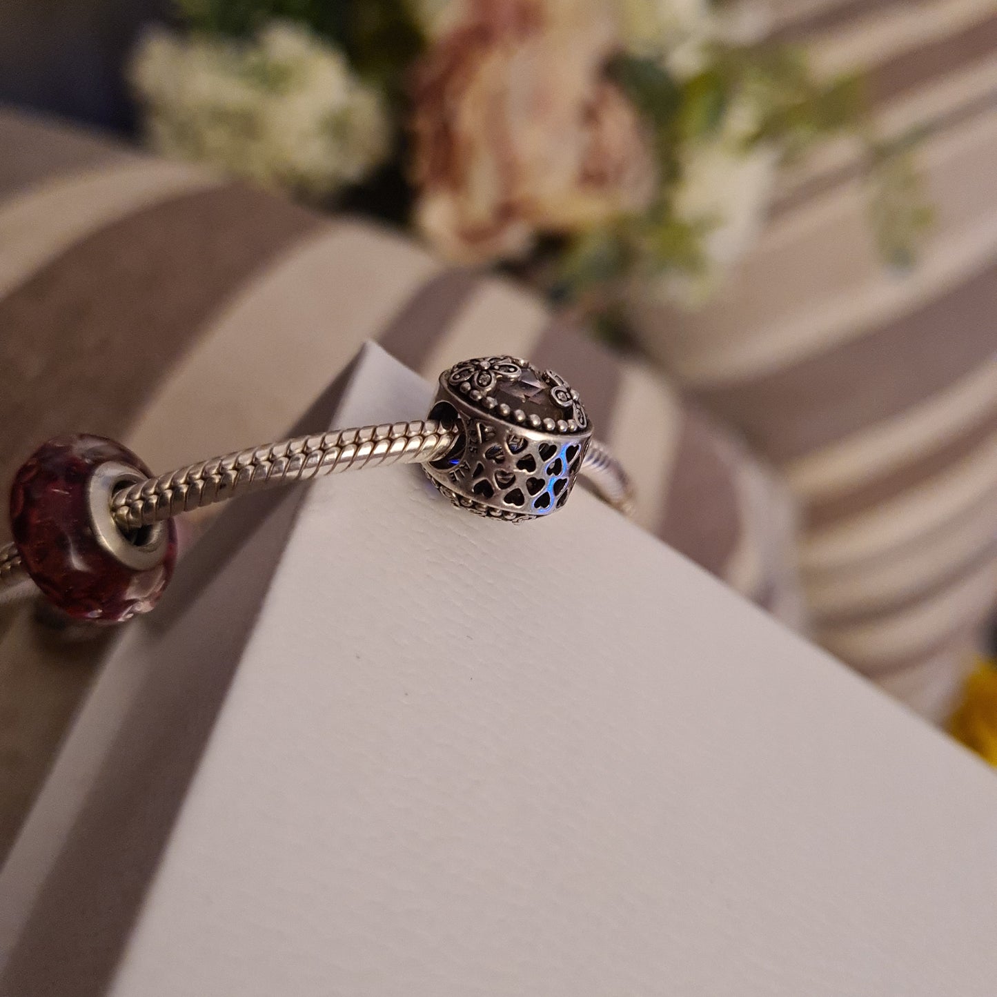 Genuine Pandora Glass Pink and Daisy Flower Pave Charm